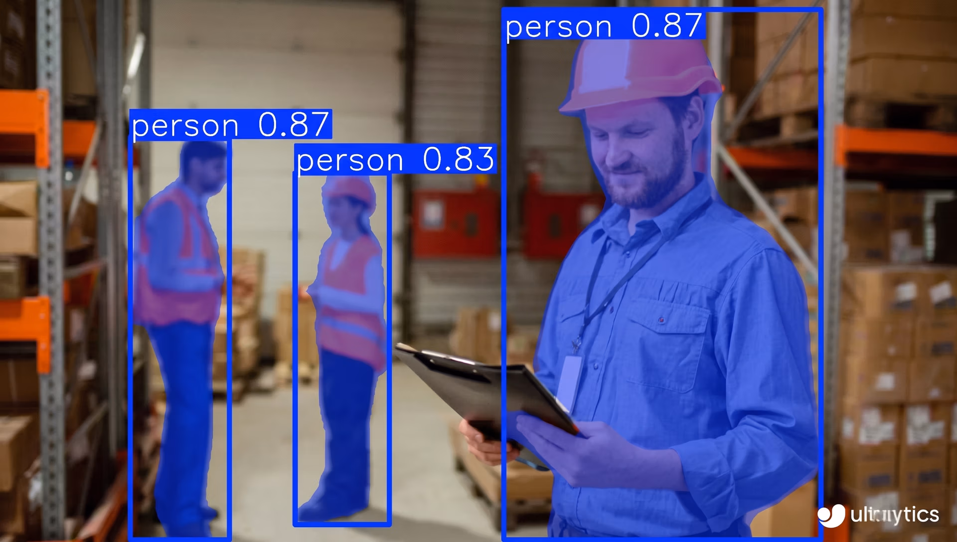 Ultralytics YOLO11 detecting workers in a warehouse