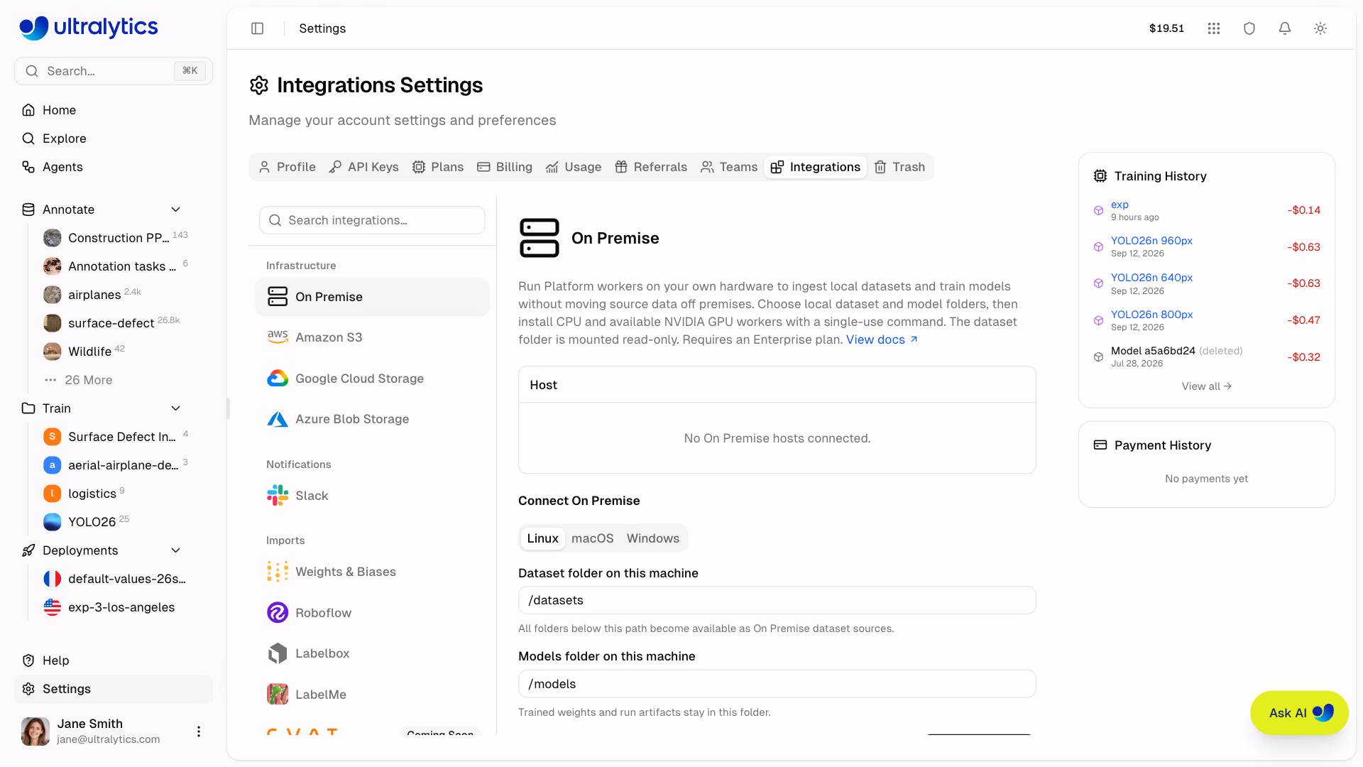 Configuration de l’intégration On Premise d’Ultralytics Platform