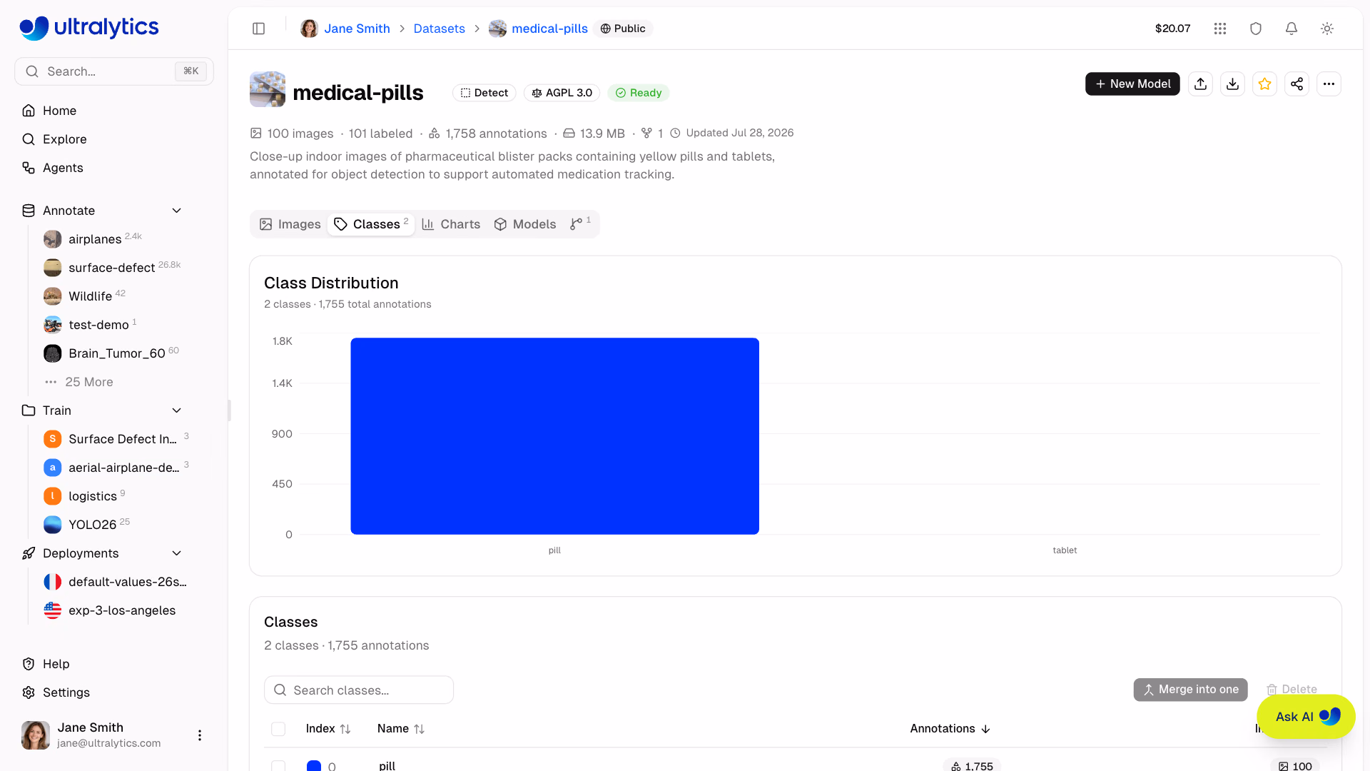 Ultralytics Platform Datasets Classes Tab Histogram And Table