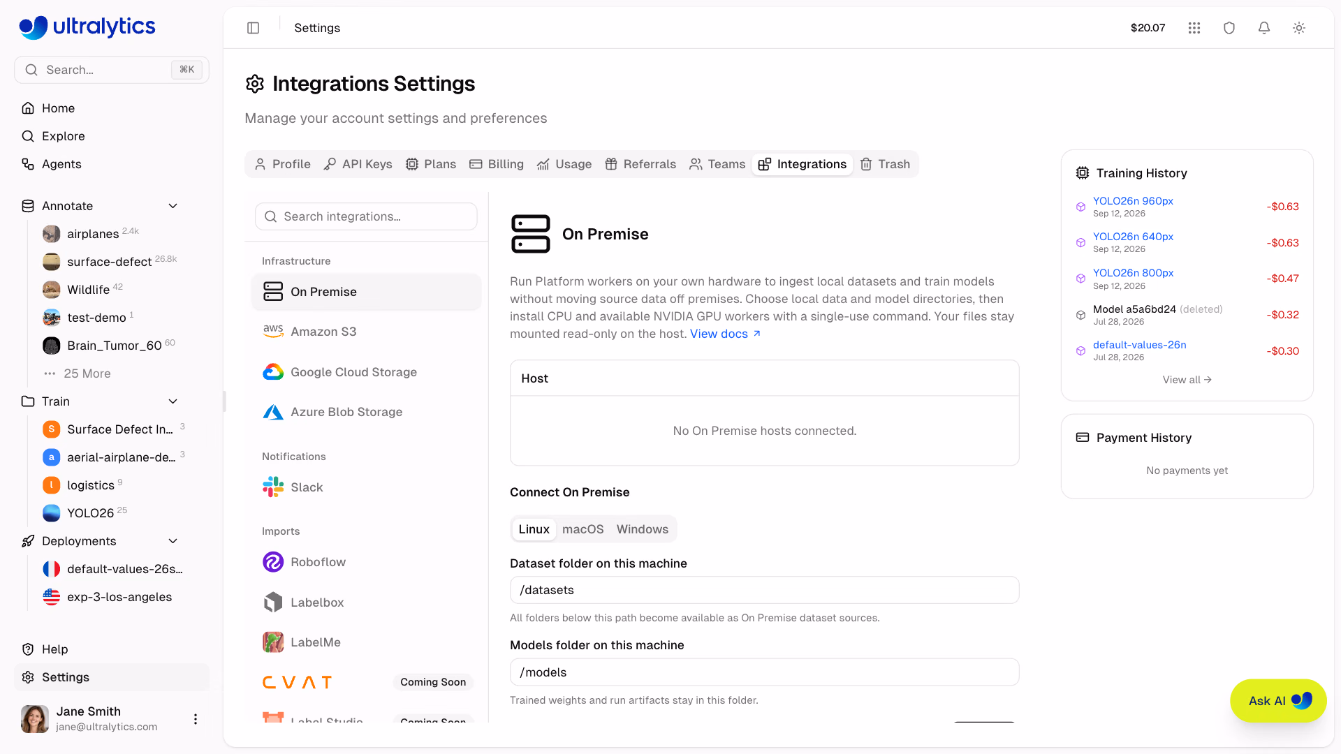 Ultralytics Platform Settings Integrations Tab