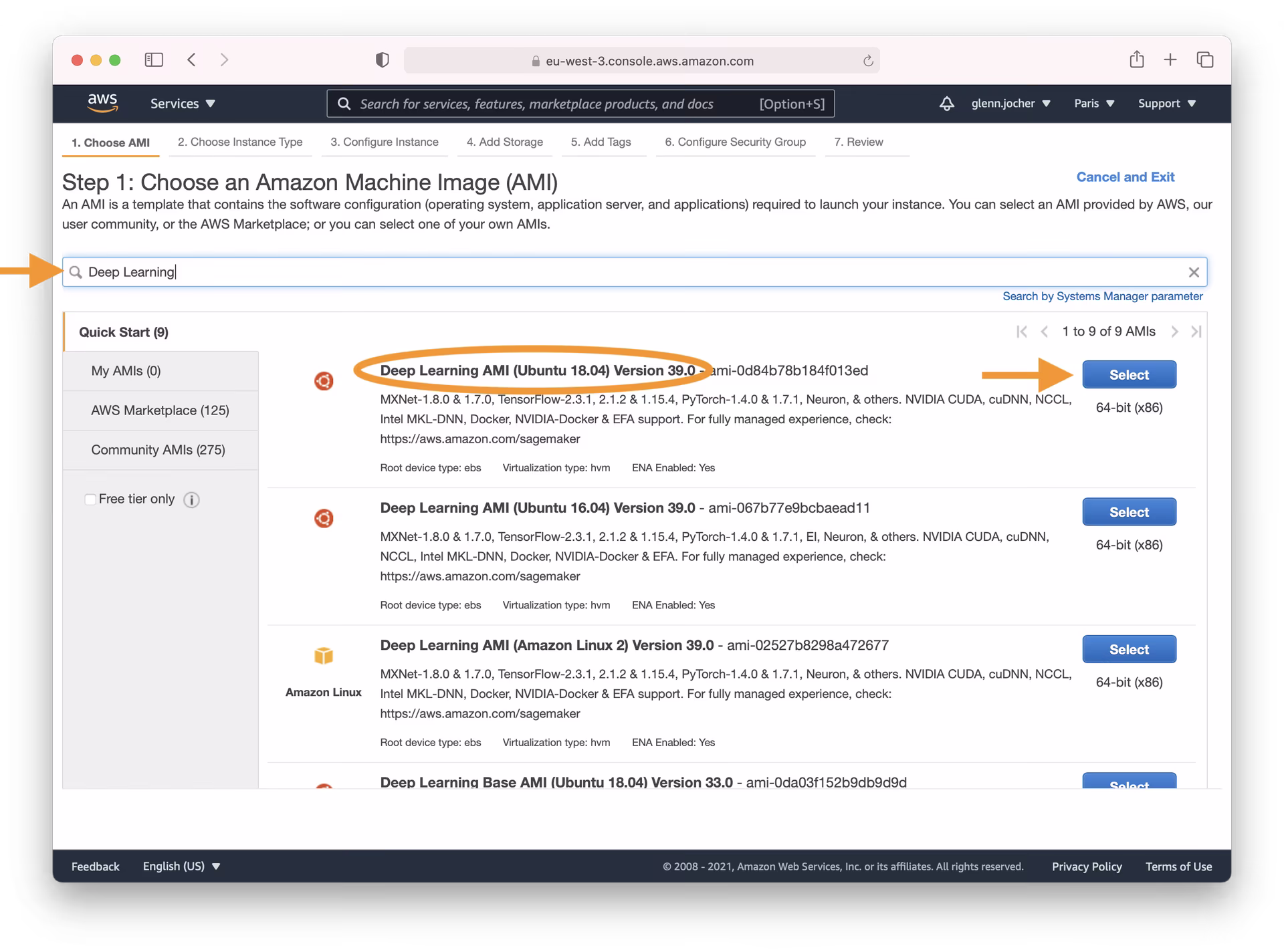 AWS EC2 Deep Learning AMI selection