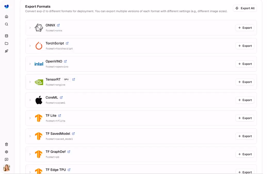 Une sélection de formats d'exportation sur Ultralytics Platform