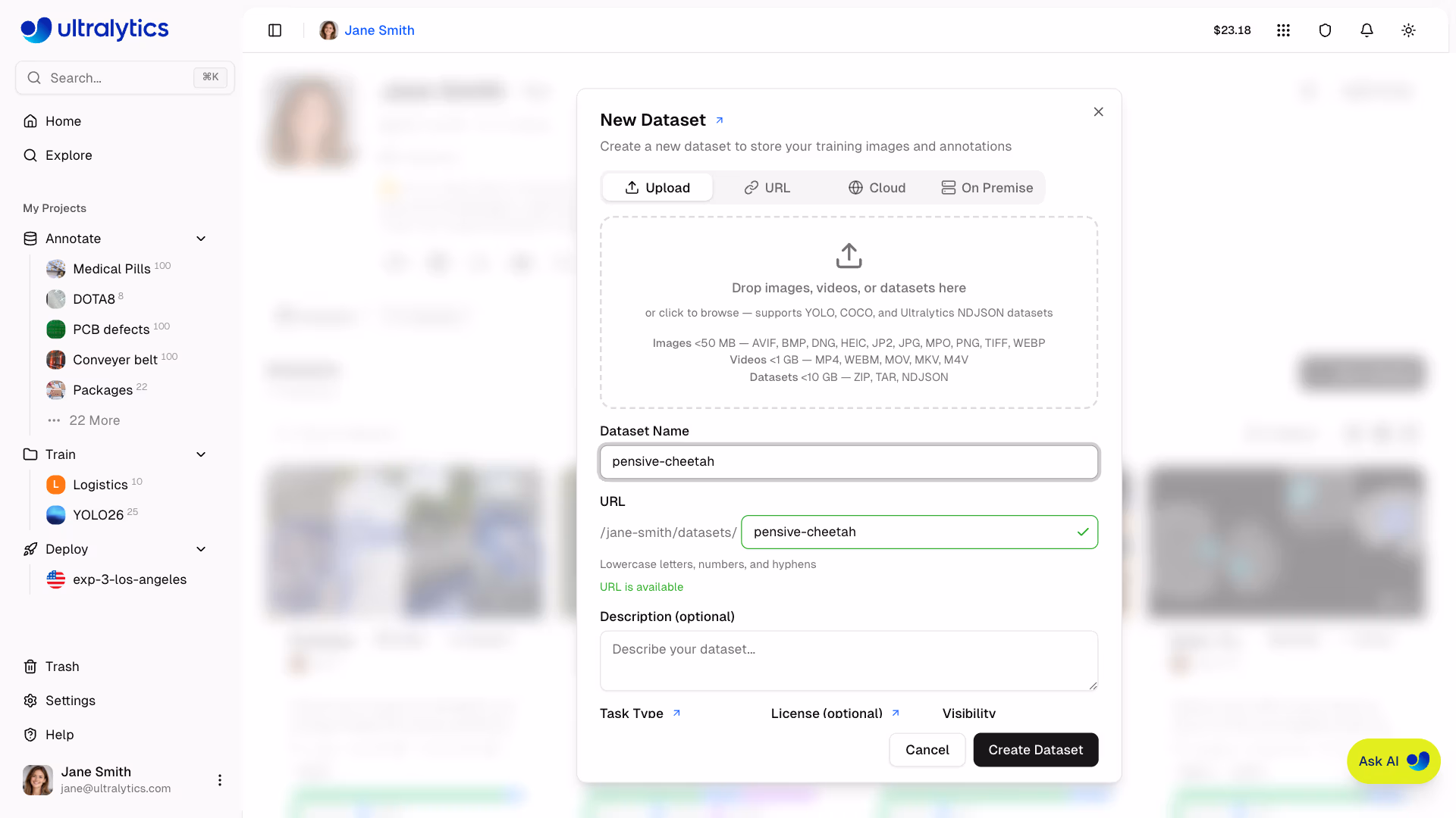 Ultralytics Platform Datasets Upload Dialog Task Selector