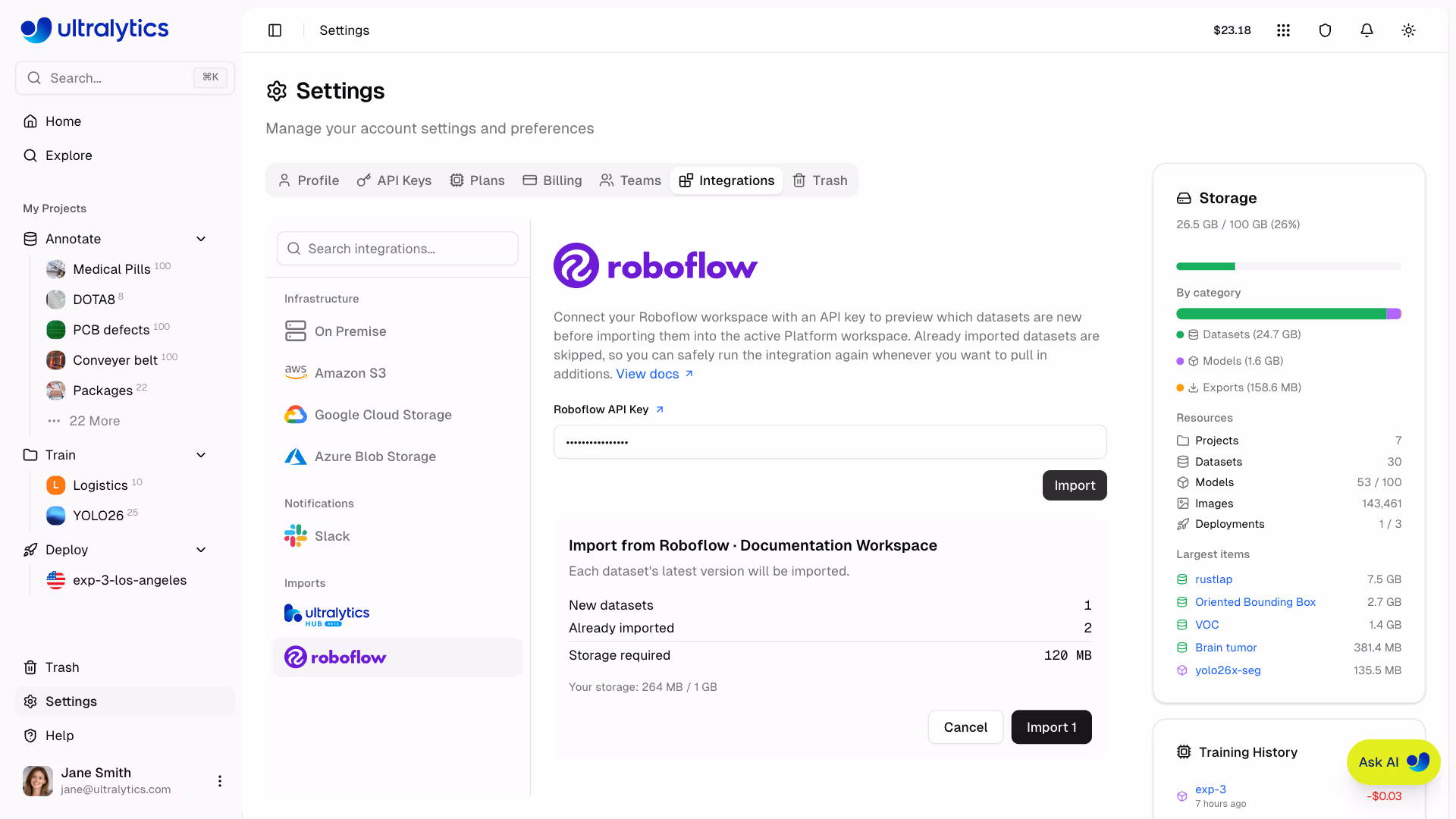 Ultralytics Platform Settings Integrations Roboflow Import Dialog