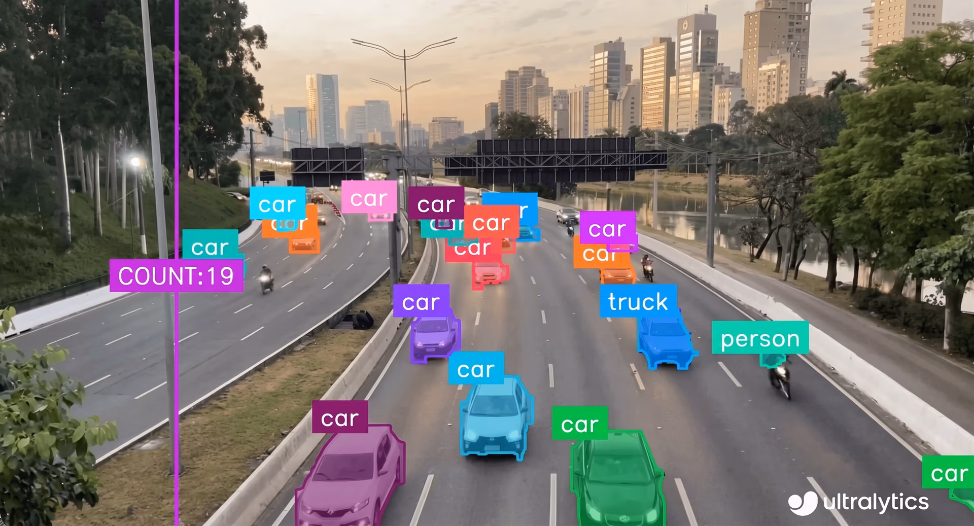 Ultralytics YOLO11 detecting and counting vehicles on a highway
