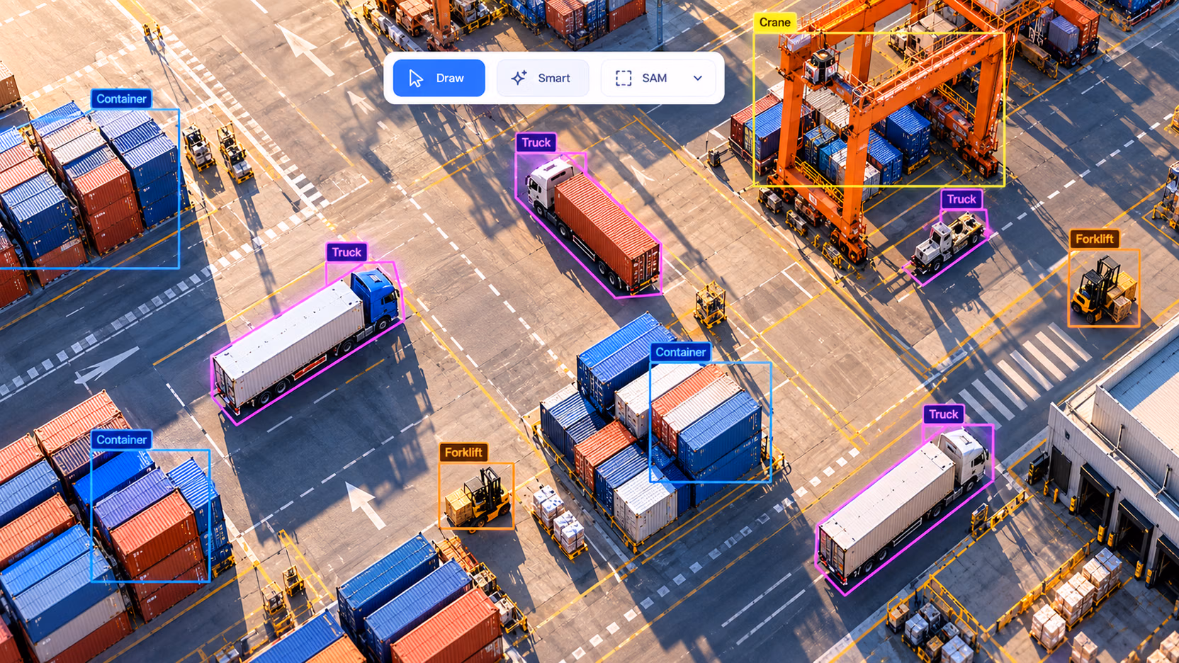Cour logistique vue du ciel, avec des camions, des conteneurs, des chariots élévateurs et une grue annotés dans Ultralytics Platform