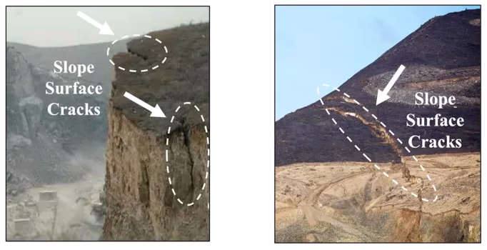 Ejemplos de grietas superficiales en una ladera