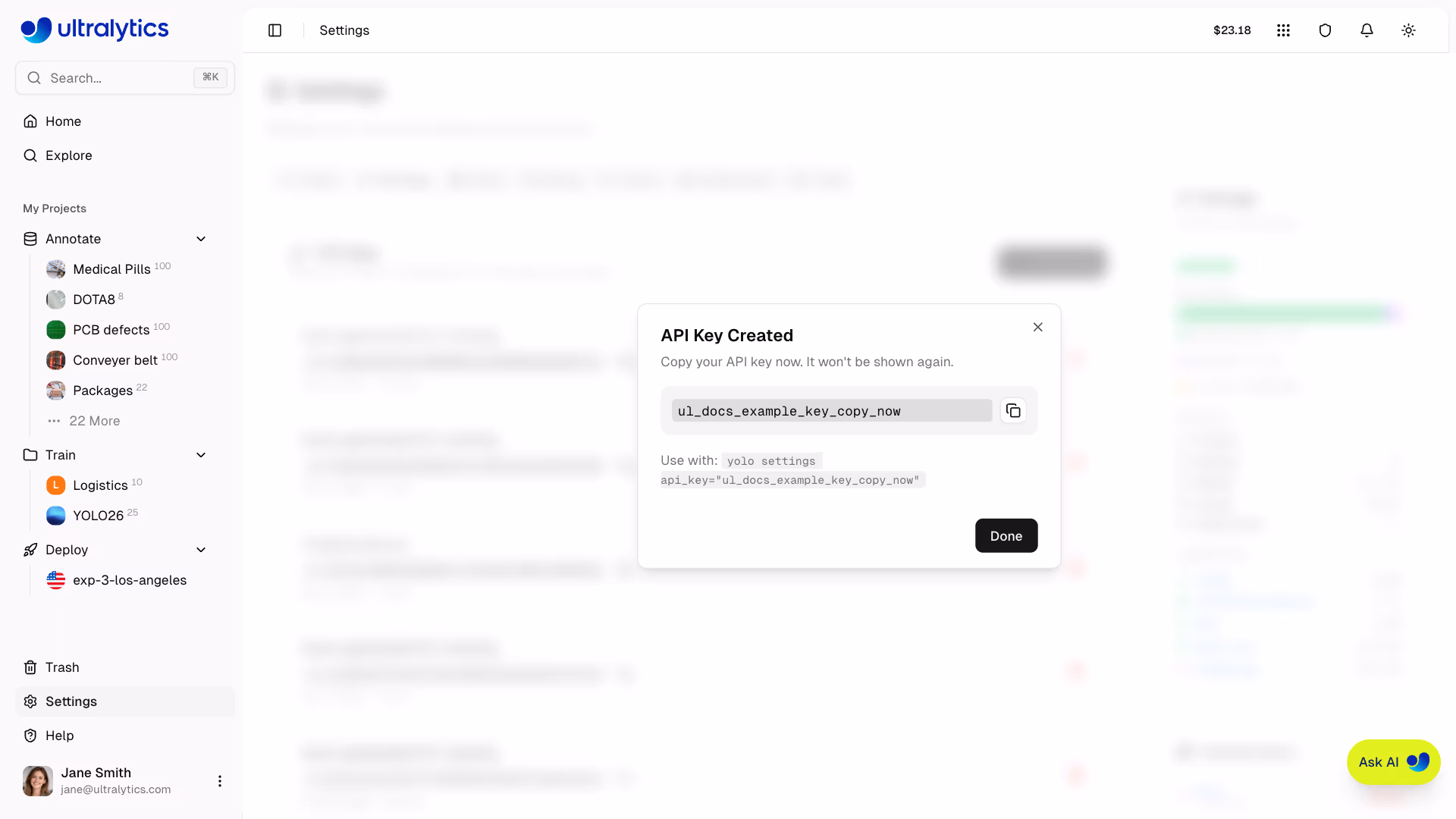 Ultralytics Platform Settings API Keys Tab API Key Created Copy Dialog