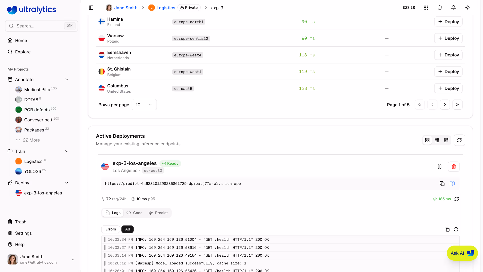 Ultralytics Platform Deploy Tab Active Deployments Cards View