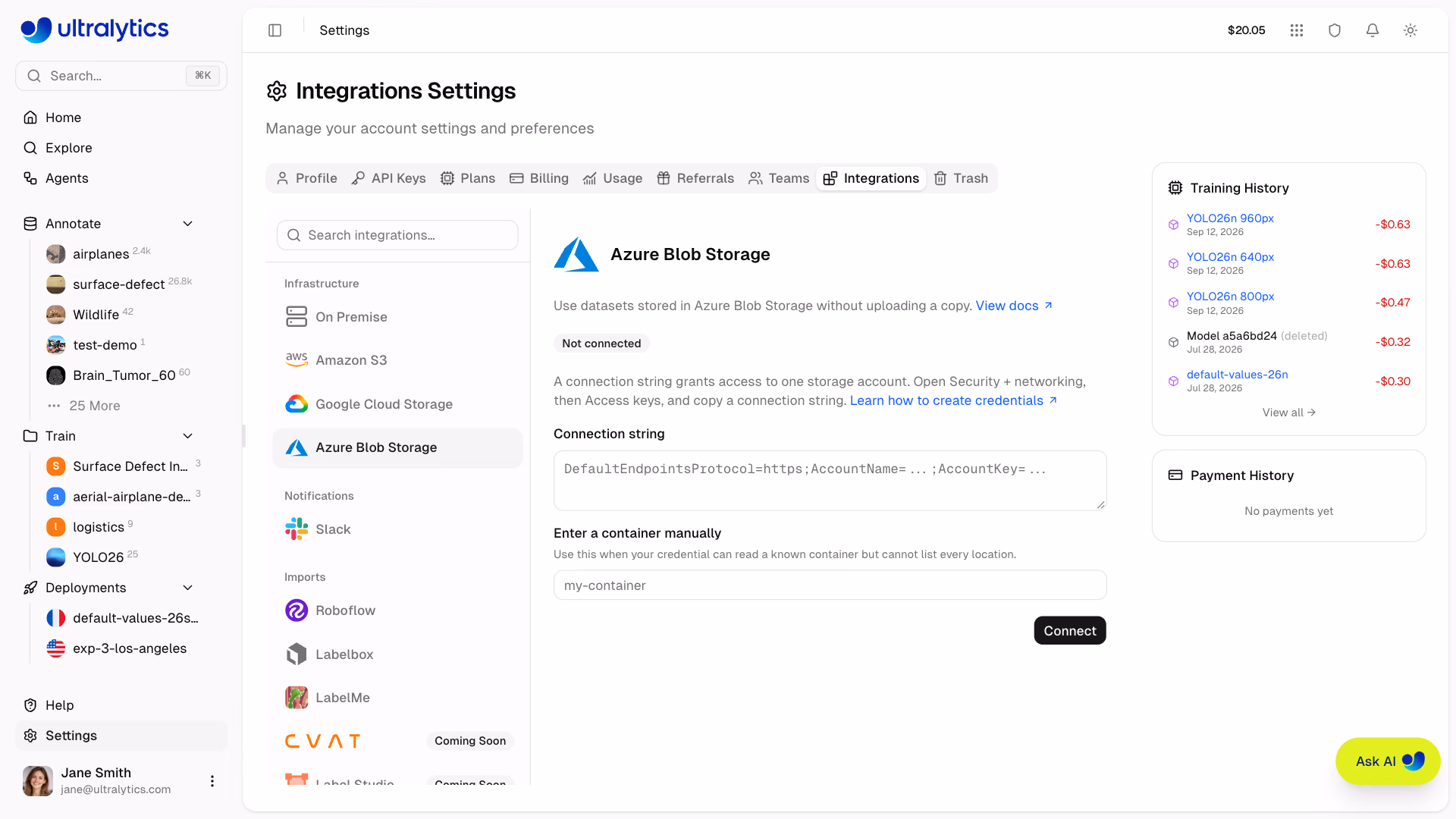 Configurações da integração do Azure Blob Storage na Ultralytics Platform