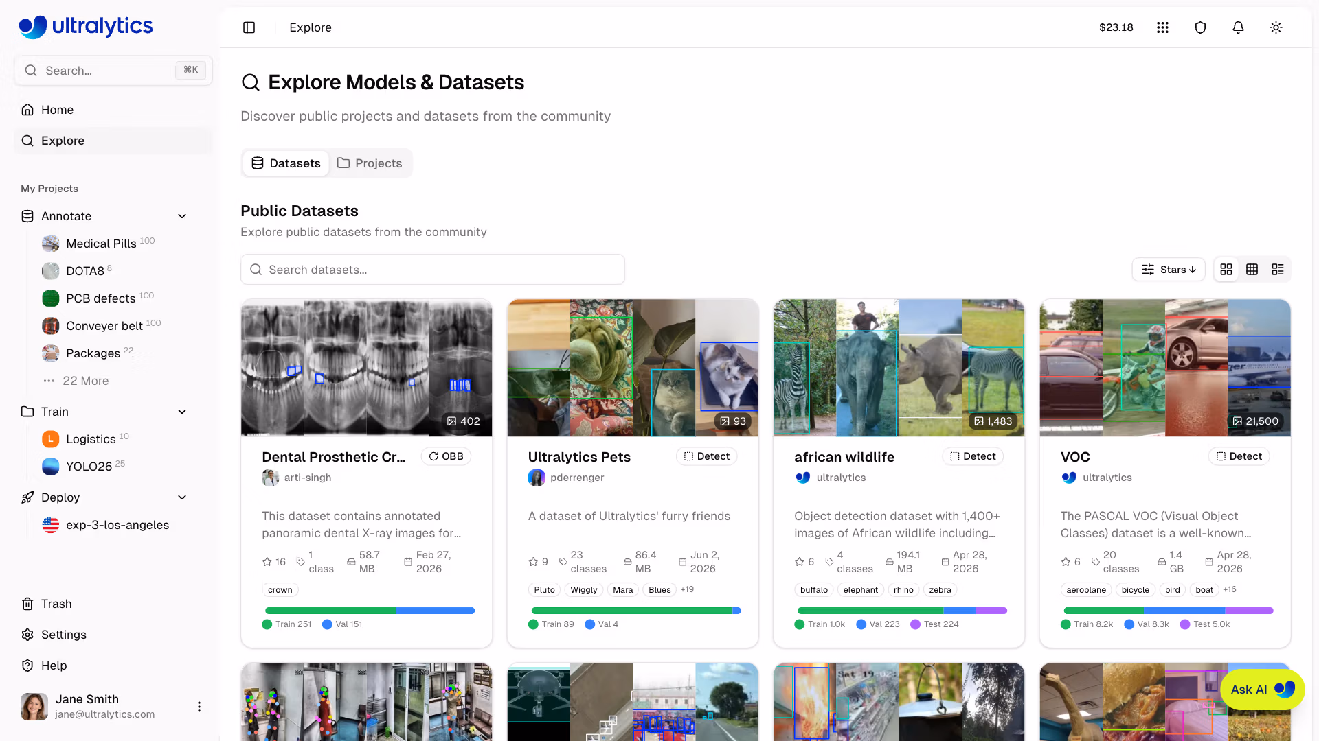 Ultralytics Platform Explore Datasets Tab Cards View
