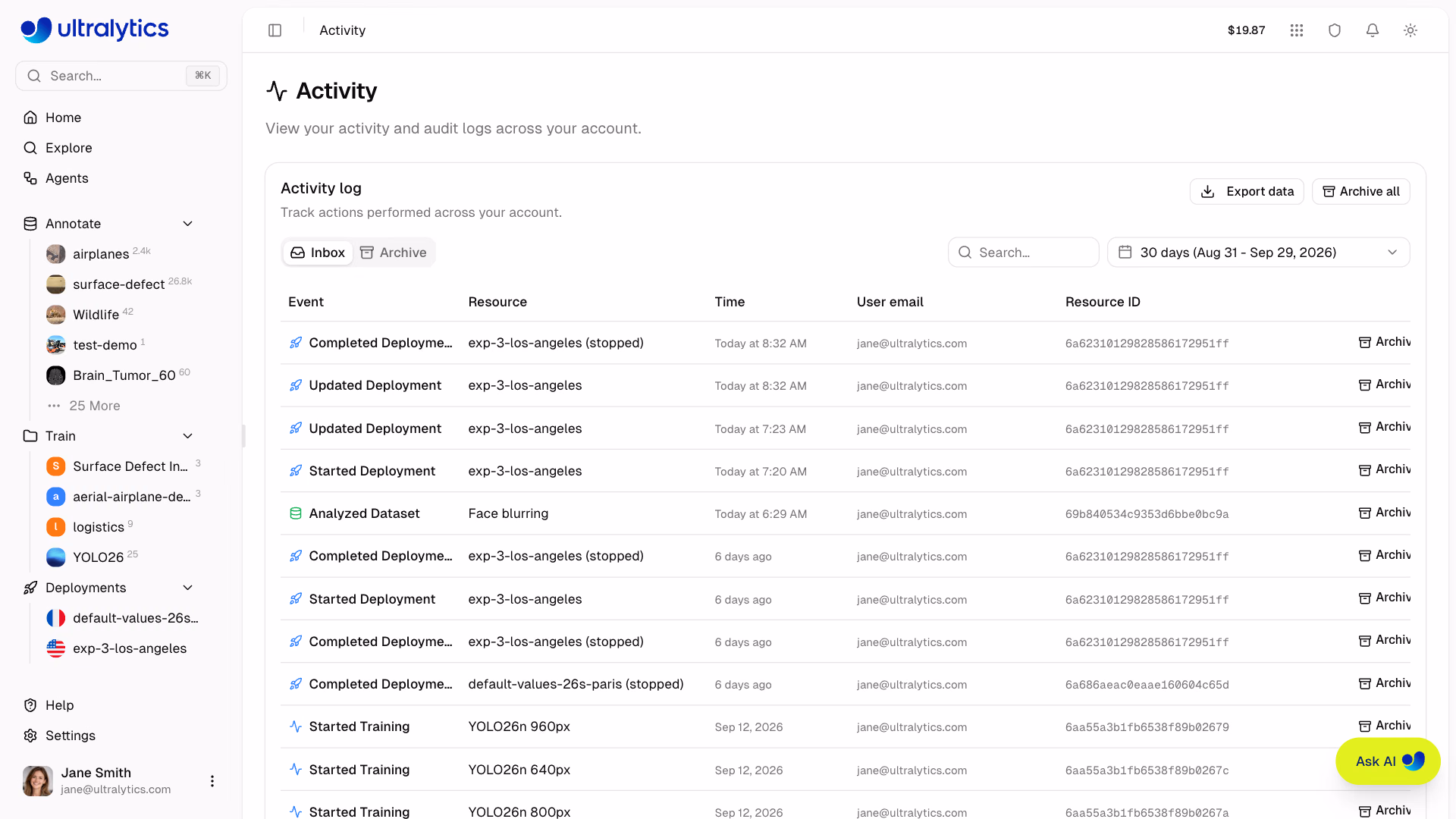 Ultralytics Platform Activity Page Inbox With Search And Date Filter