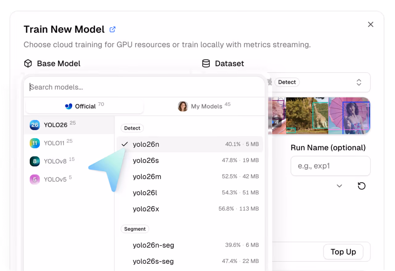 Ultralytics support and training workflow interface.