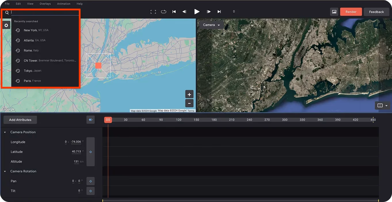 اختيار موقع باستخدام Google Earth Studio