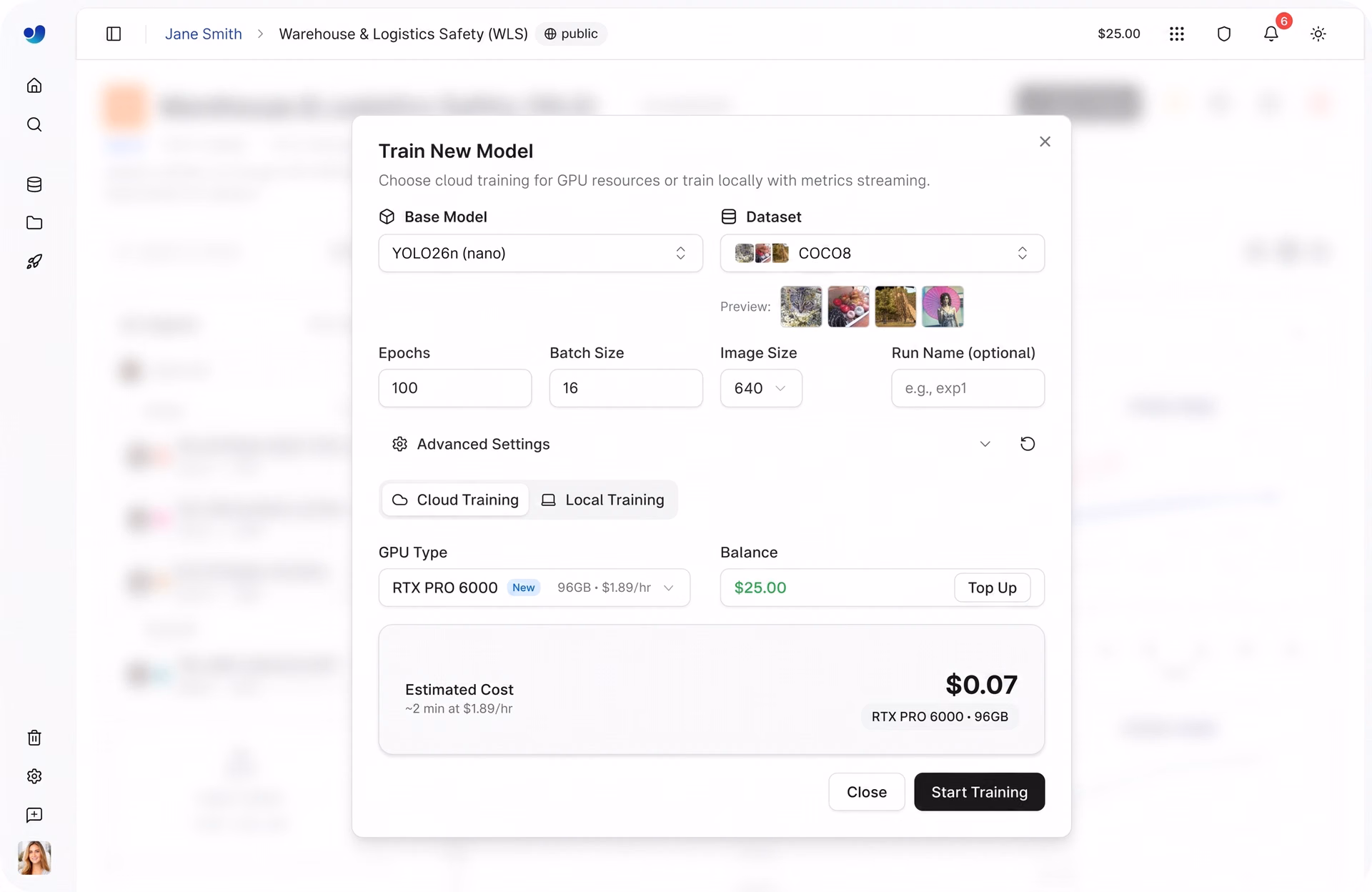 Setting up training and estimating cost within Ultralytics Platform