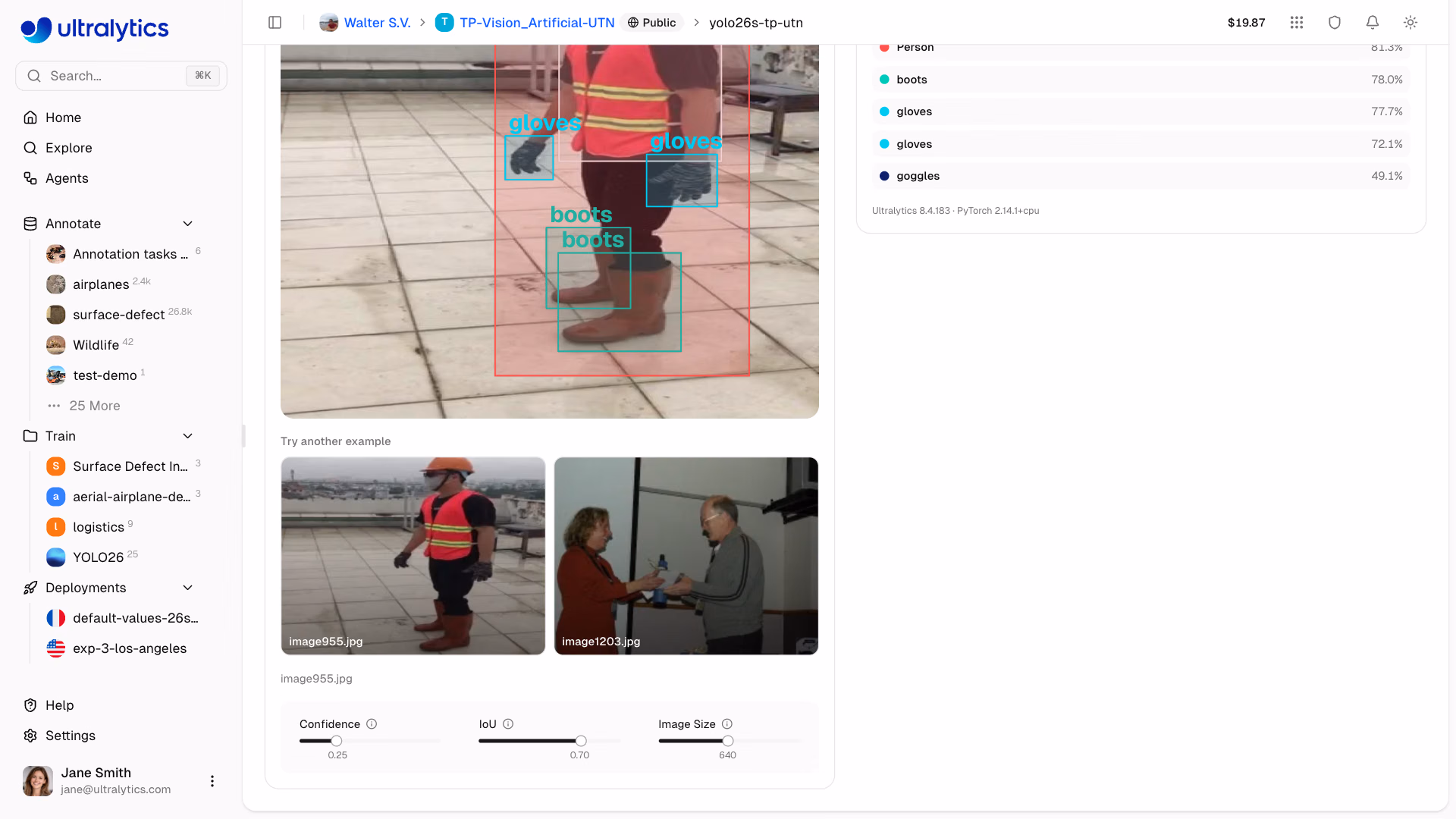 Cursori dei parametri della scheda Predict di Ultralytics Platform