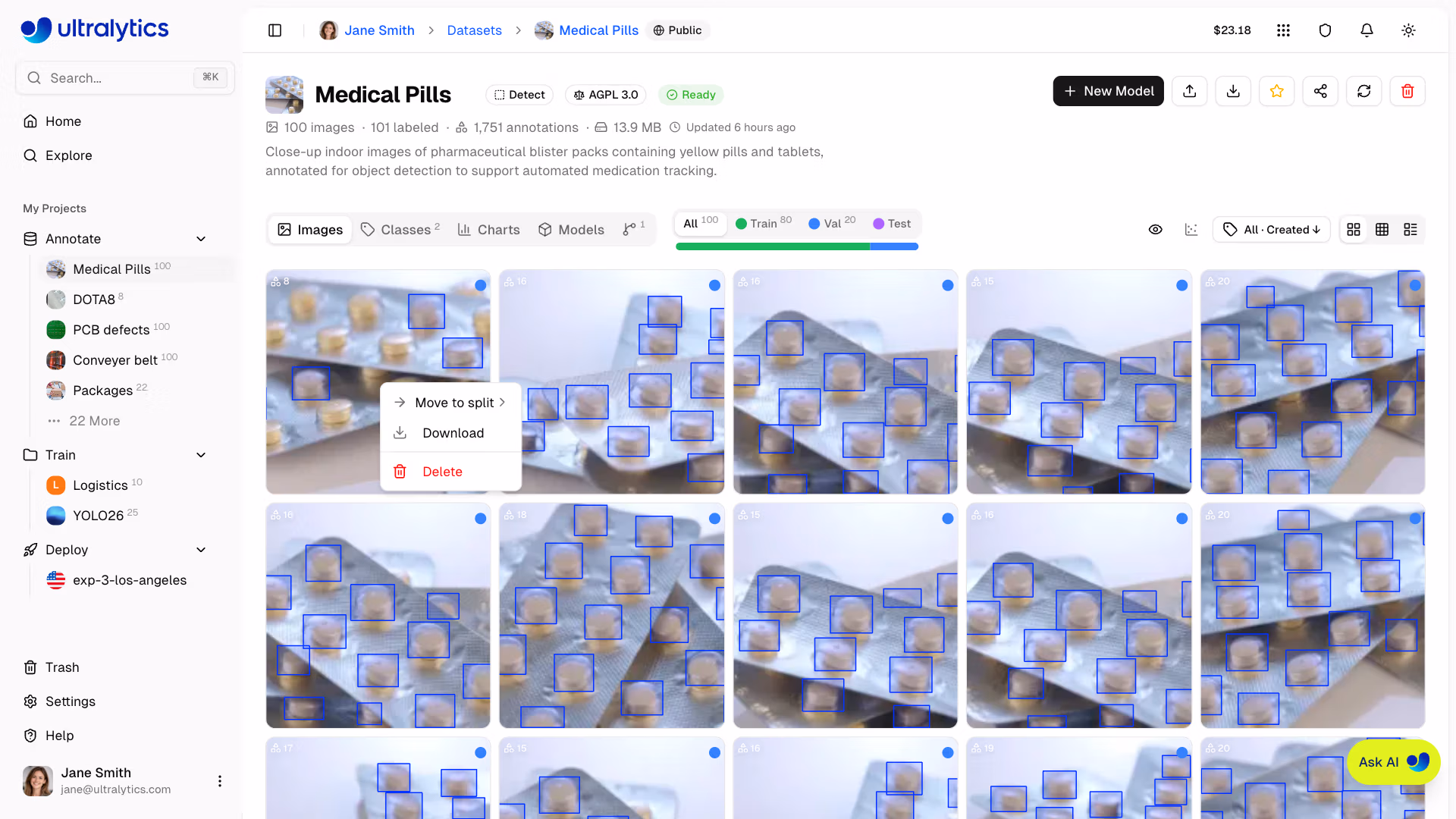 Ultralytics Platform Datasets Image Card Context Menu