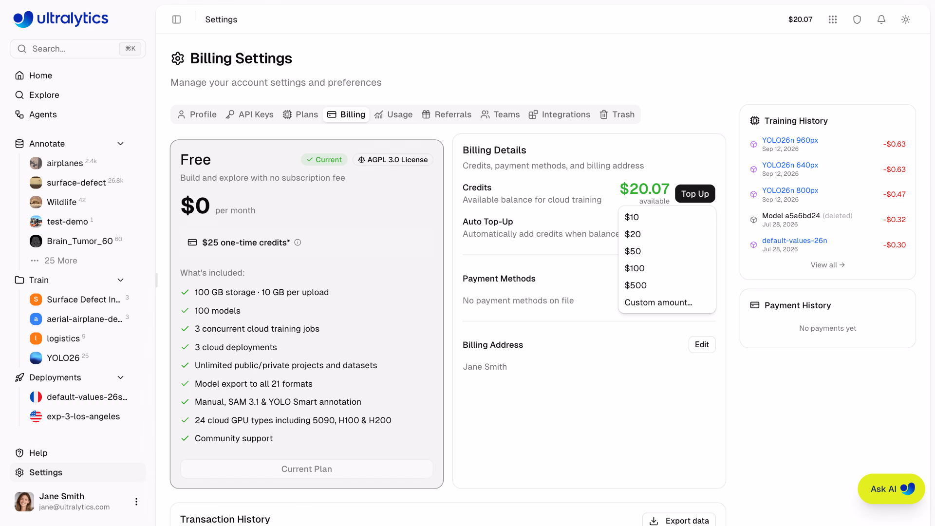 Ultralytics Platform Settings Billing Tab Topup Amount Selection Dialog