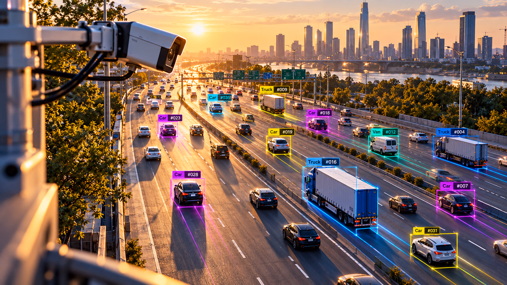 Caméra de circulation surplombant une autoroute urbaine au coucher du soleil, avec Ultralytics YOLO qui suit des voitures, une camionnette et des camions, chacun identifié par une classe et un ID