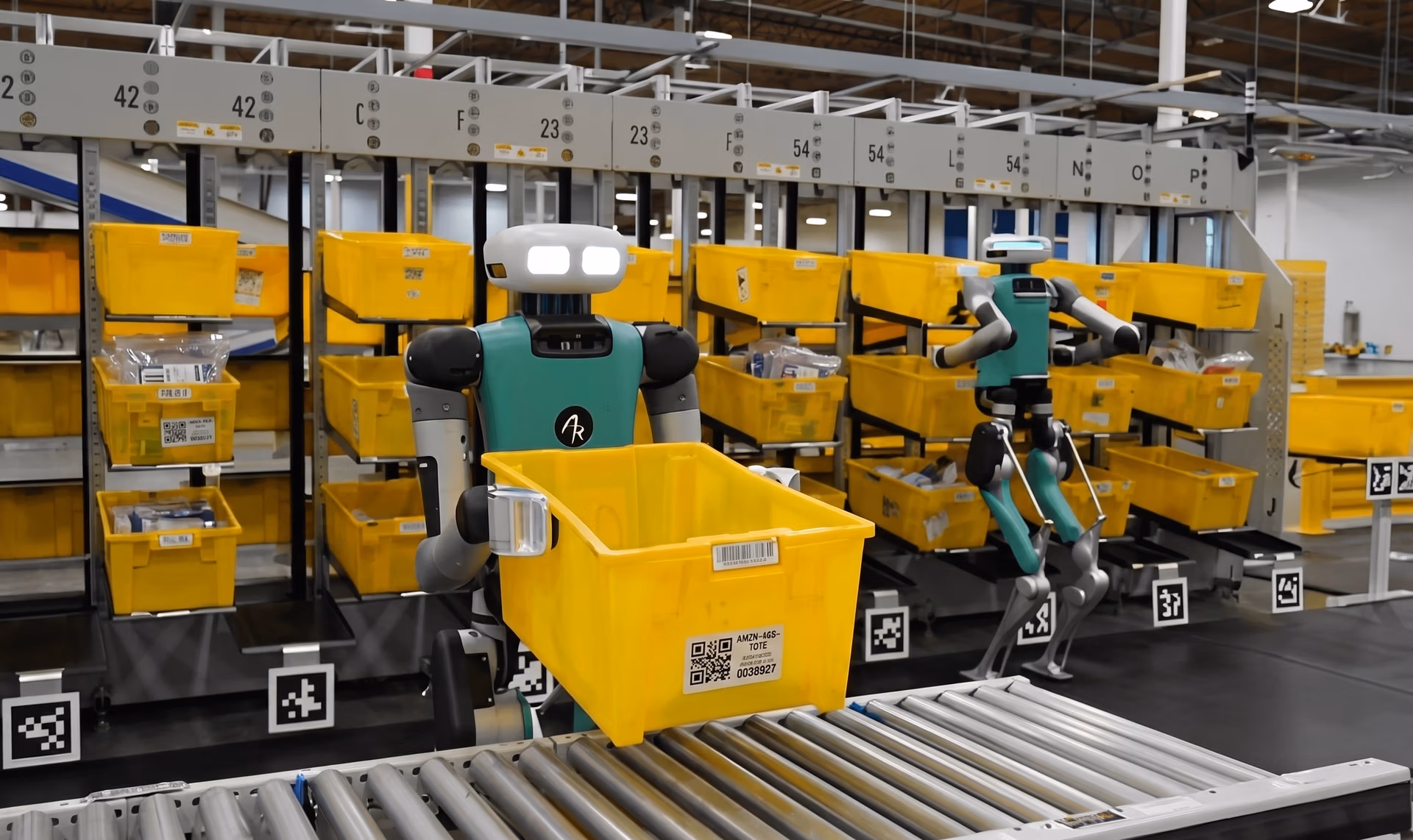 Amazon AI-driven robots automating package sorting in a warehouse