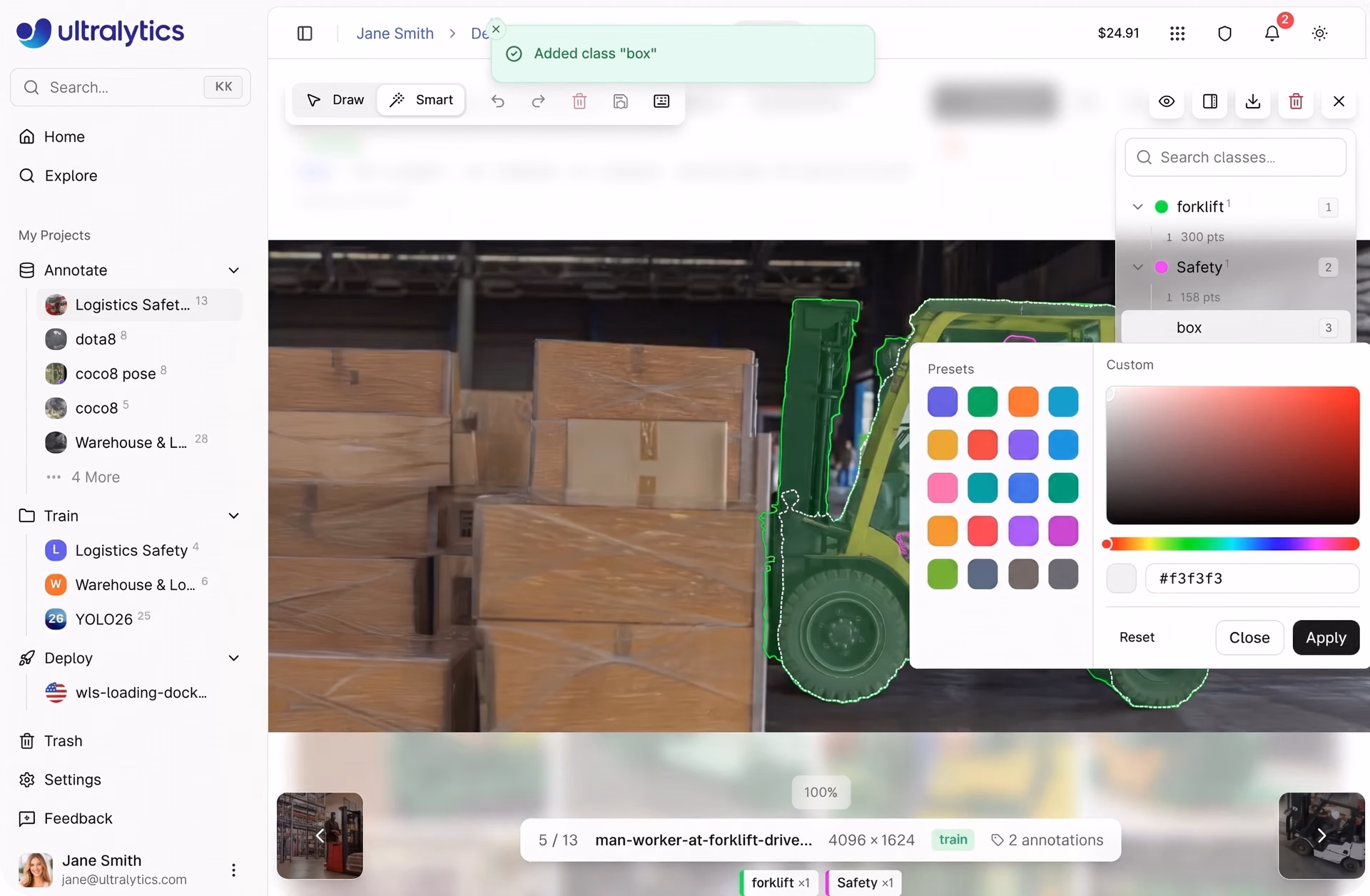 Gestion des classes dans l'éditeur d'annotation avec des couleurs d'étiquettes