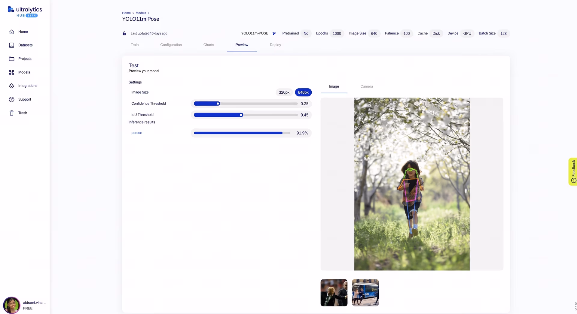 Pose estimation on Ultralytics HUB with YOLO11