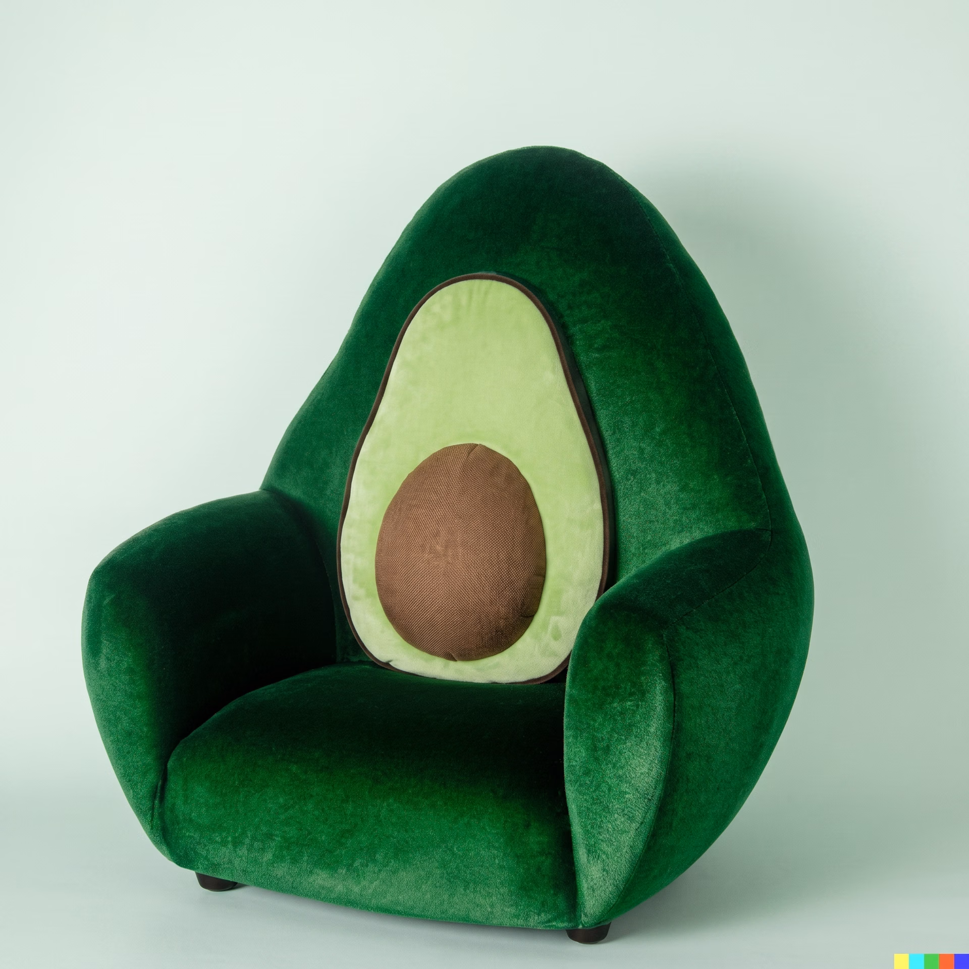 Immagine generata da DALL-E 2 di una poltrona a forma di avocado