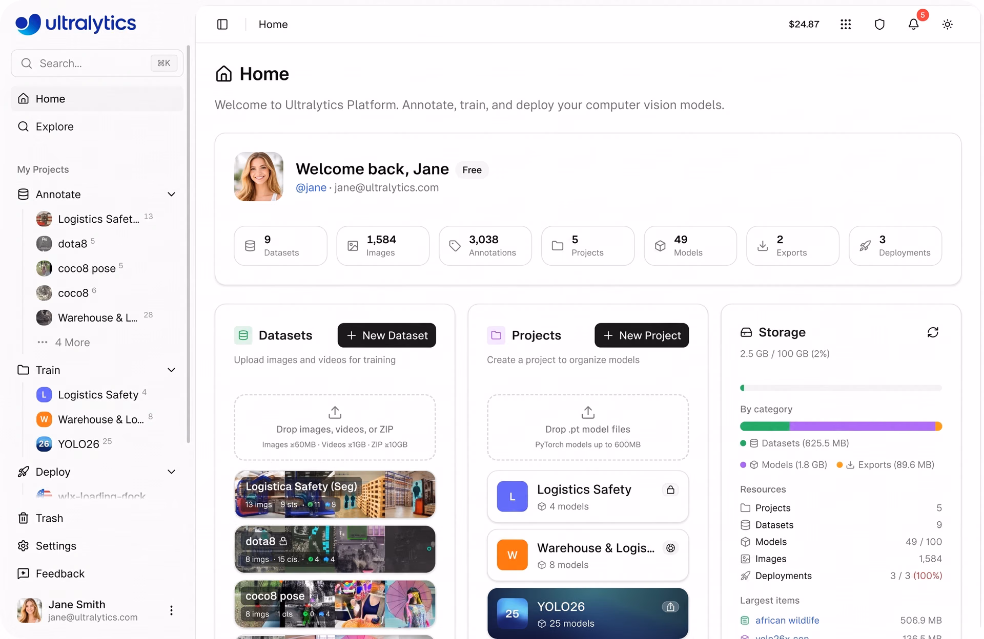 Ultralytics Platform home dashboard interface