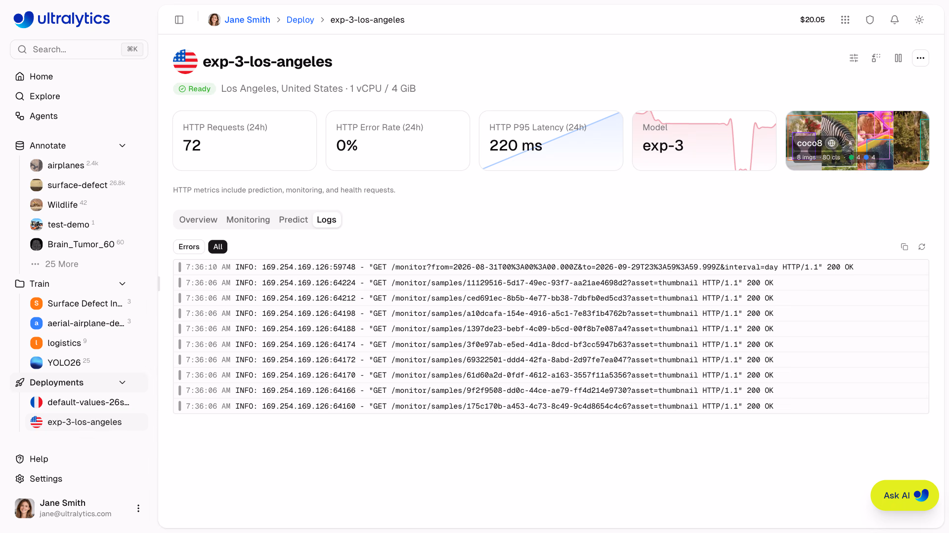Ultralytics Platform Deployment Card Logs Tab With Severity Filter