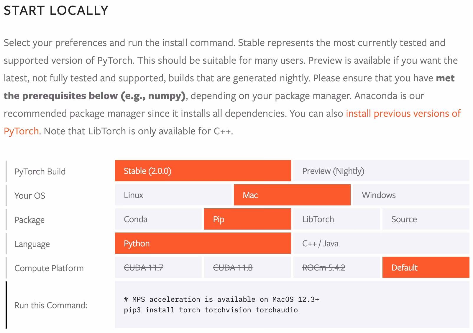 PyTorch installation selector for different platforms