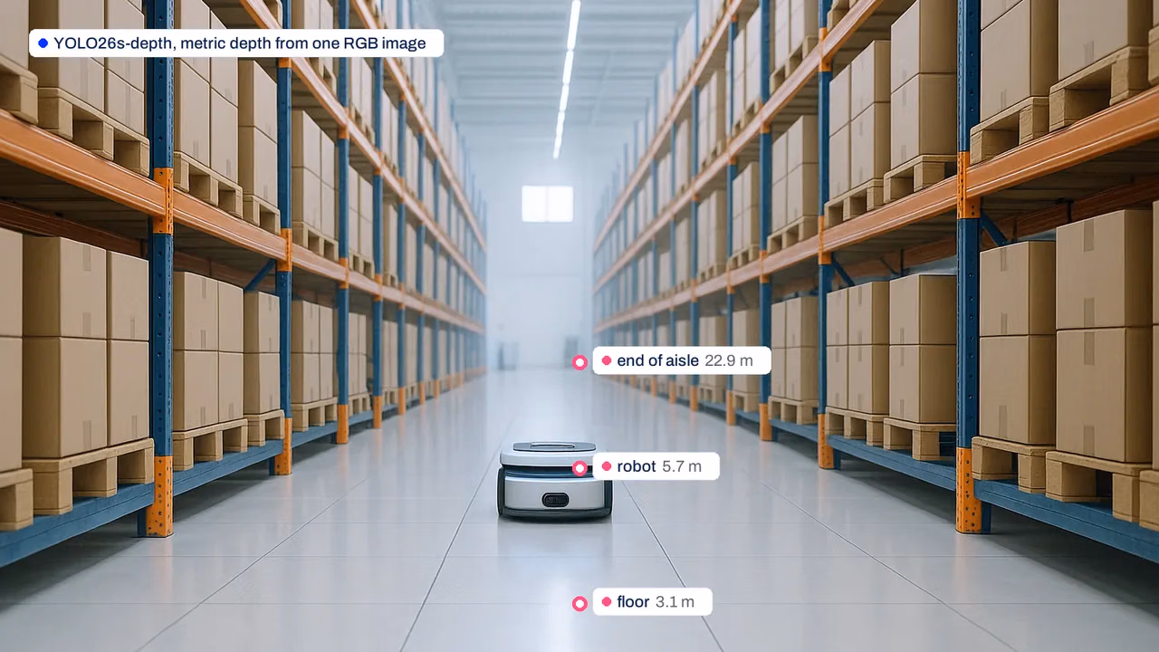 A warehouse aisle with distance readings from an Ultralytics YOLO26 depth map
