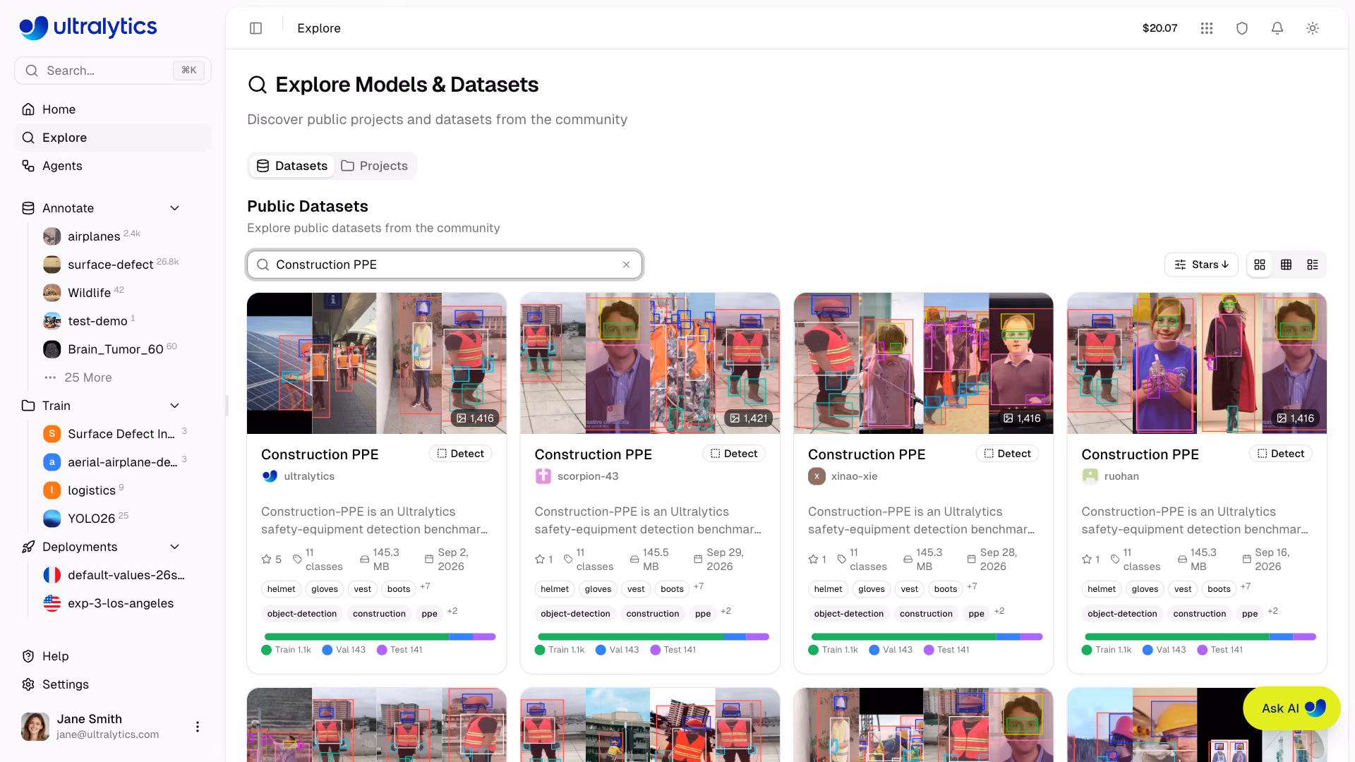Ultralytics Platform Explore Datasets Tab With Search