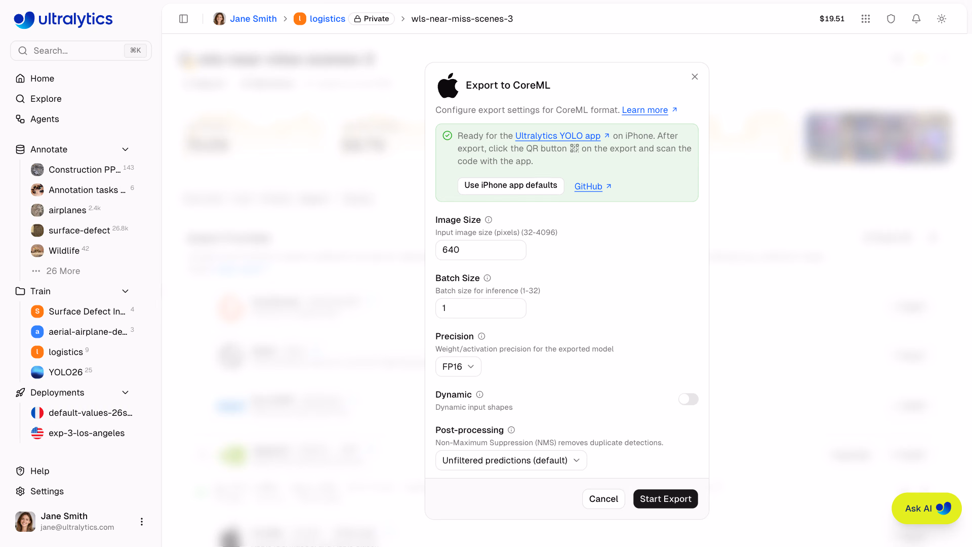 Ultralytics PlatformのCoreMLエクスポートダイアログにあるiPhoneアプリのボックス