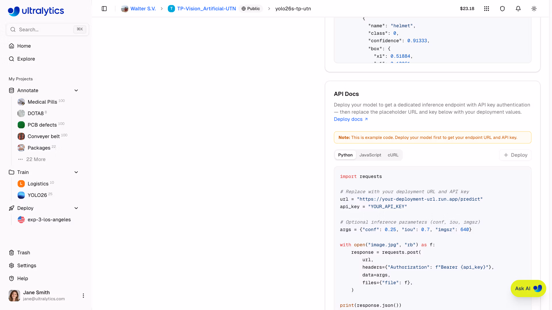 Ultralytics Platform Predict Tab Code Examples Python Tab