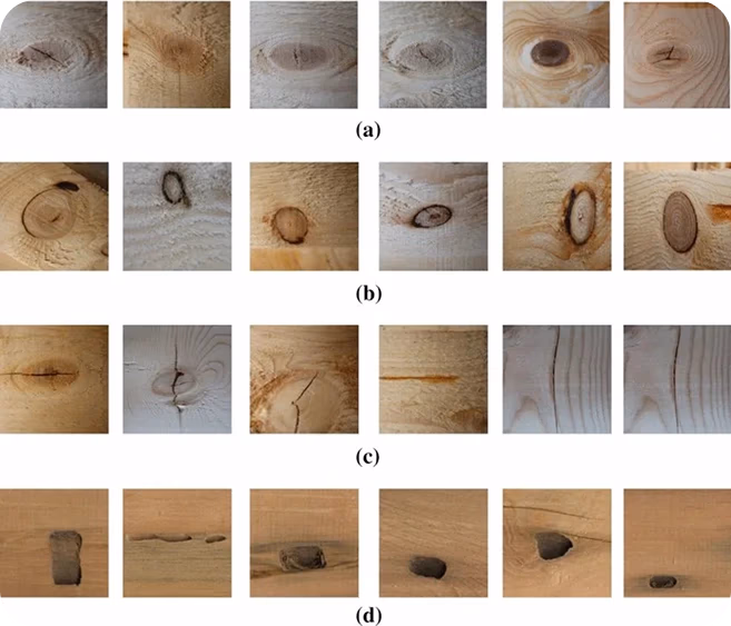 Wood defects like sound knots, unsound knots, cracks, and grub holes