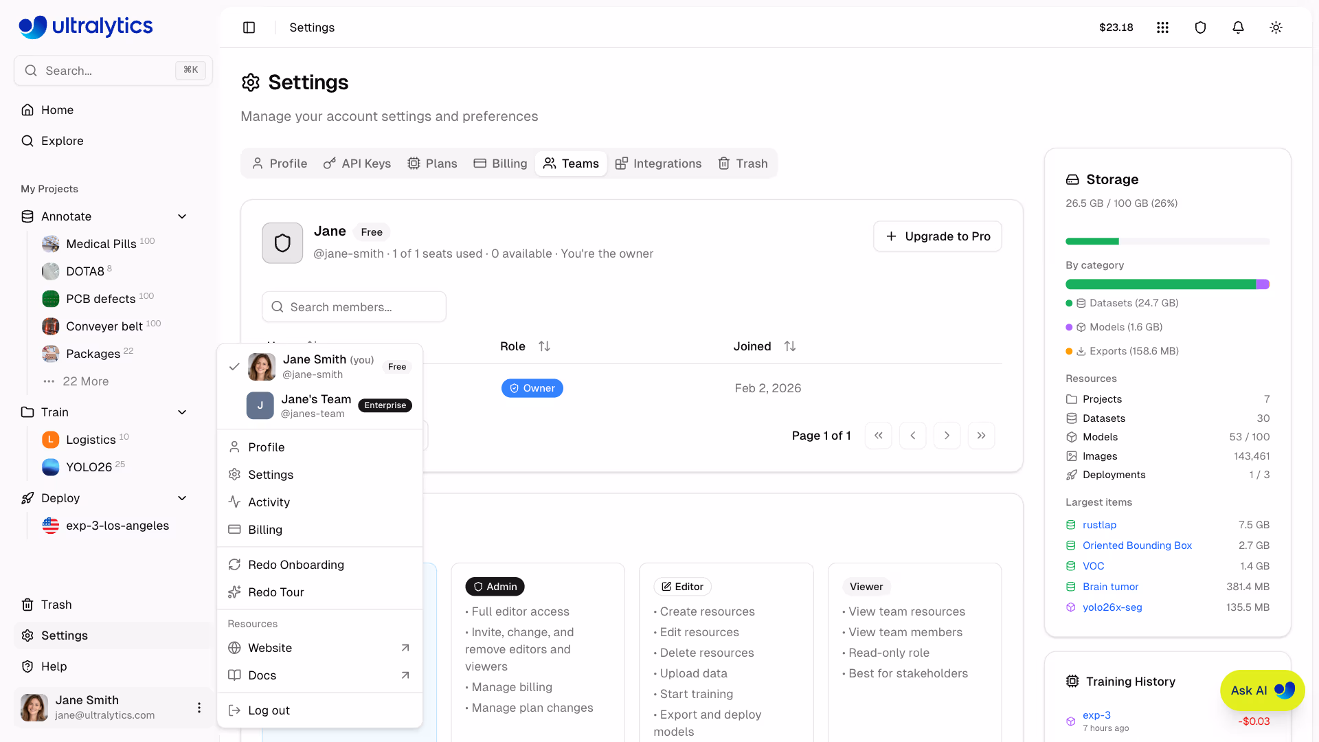 Ultralytics Platform Teams Workspace Switcher Dropdown