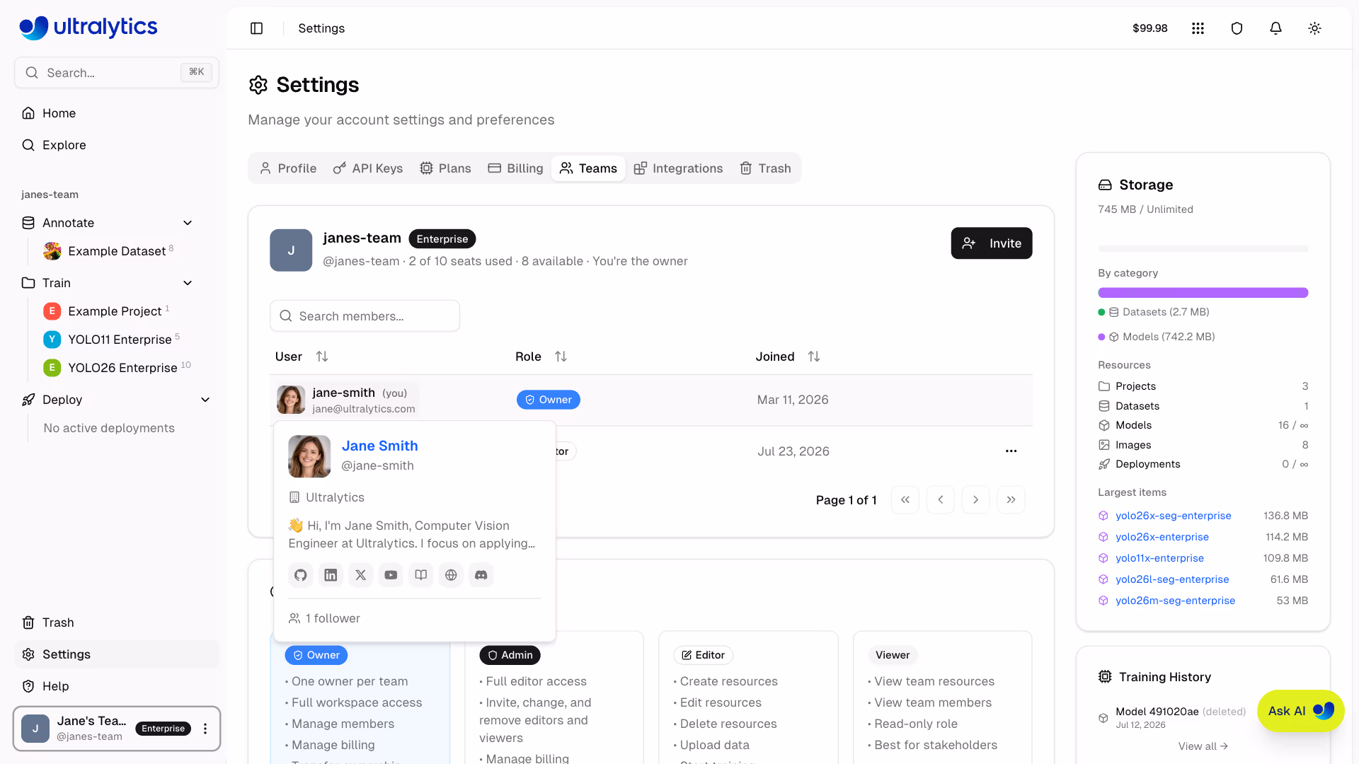 Ultralytics Platform Teams Member List With Roles