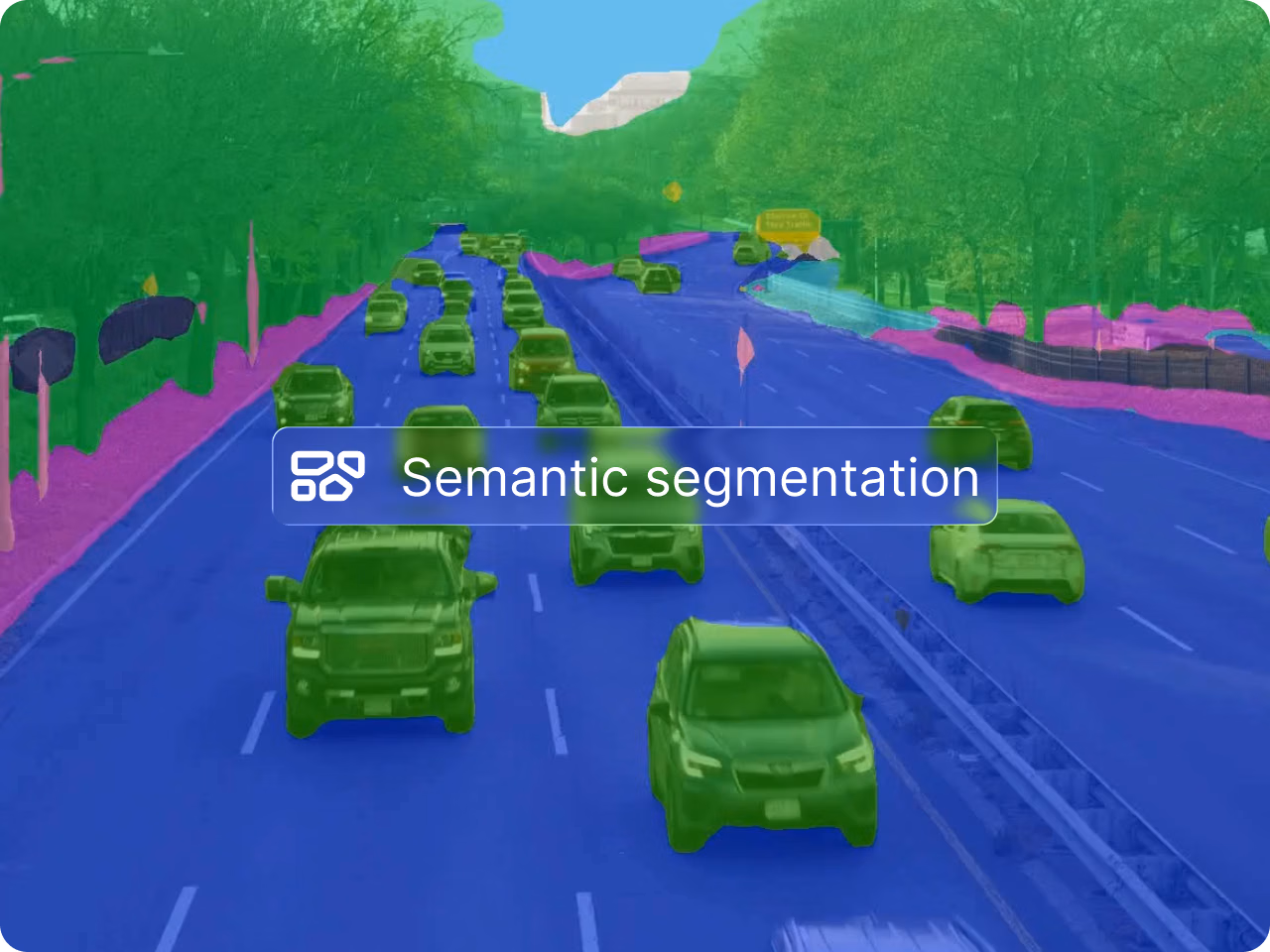 Semantic segmentation: highway scene colored by class, vehicles and trees in green, road in blue, roadsides in pink.
