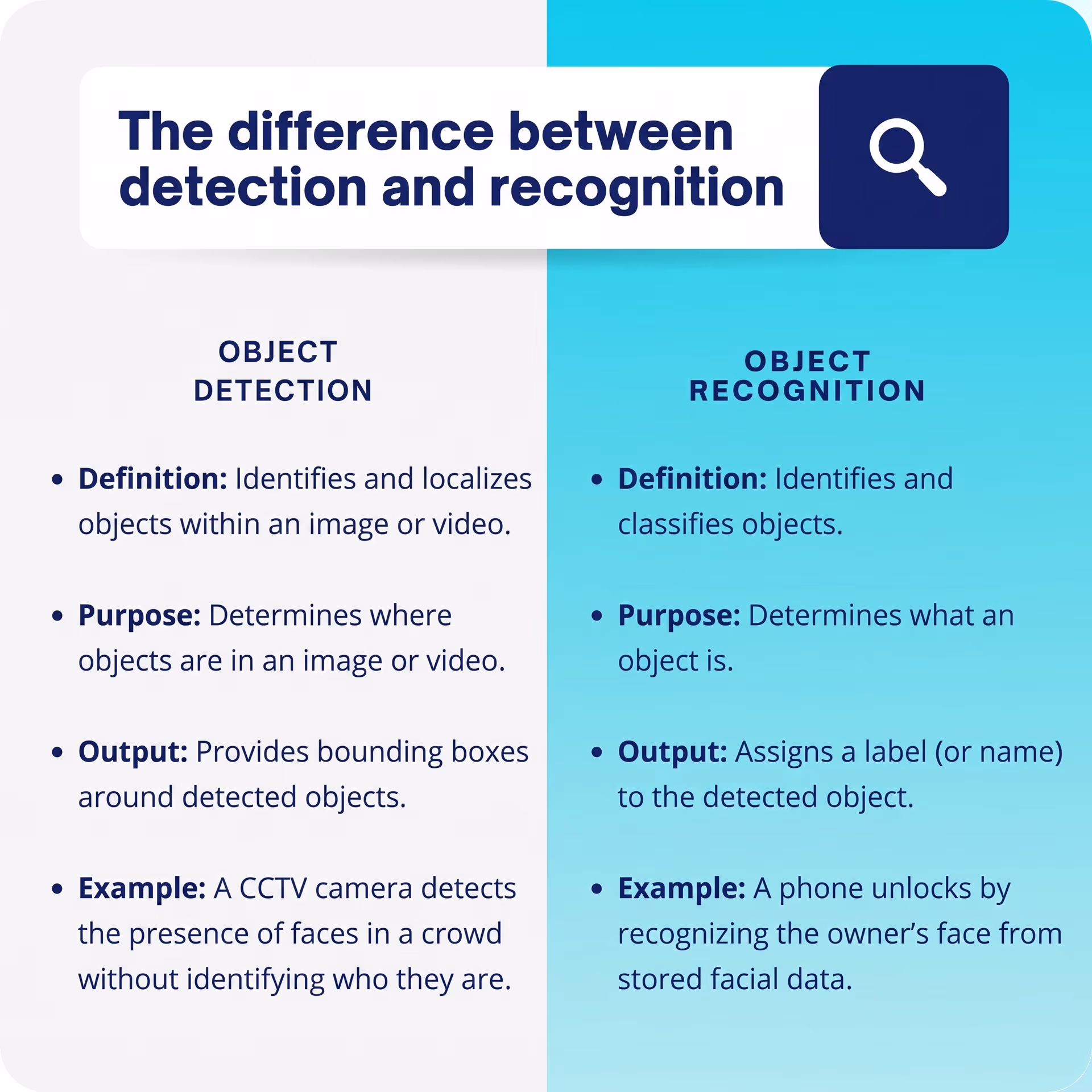Comparison of object detection and object recognition