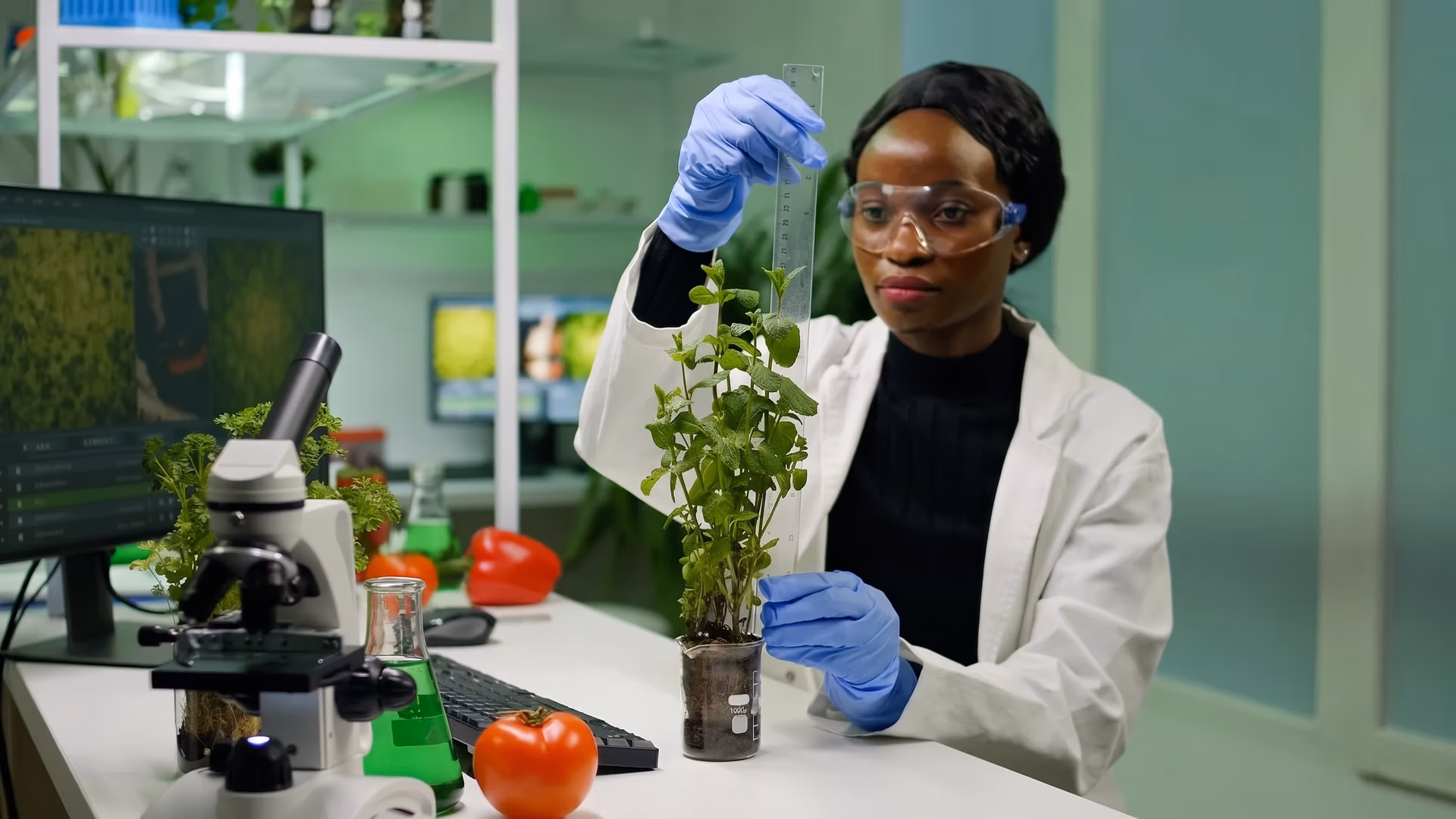 A researcher measuring the height of a plant using a ruler