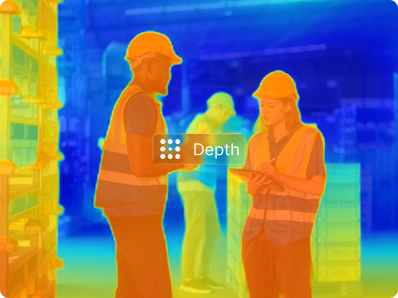 Depth estimation: warehouse workers in hard hats as a depth map, nearest people in warm colors, background in blue.