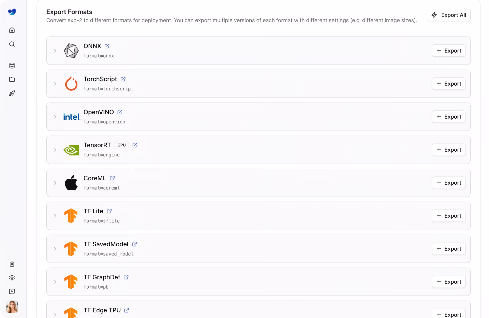A selection of export formats on Ultralytics Platform