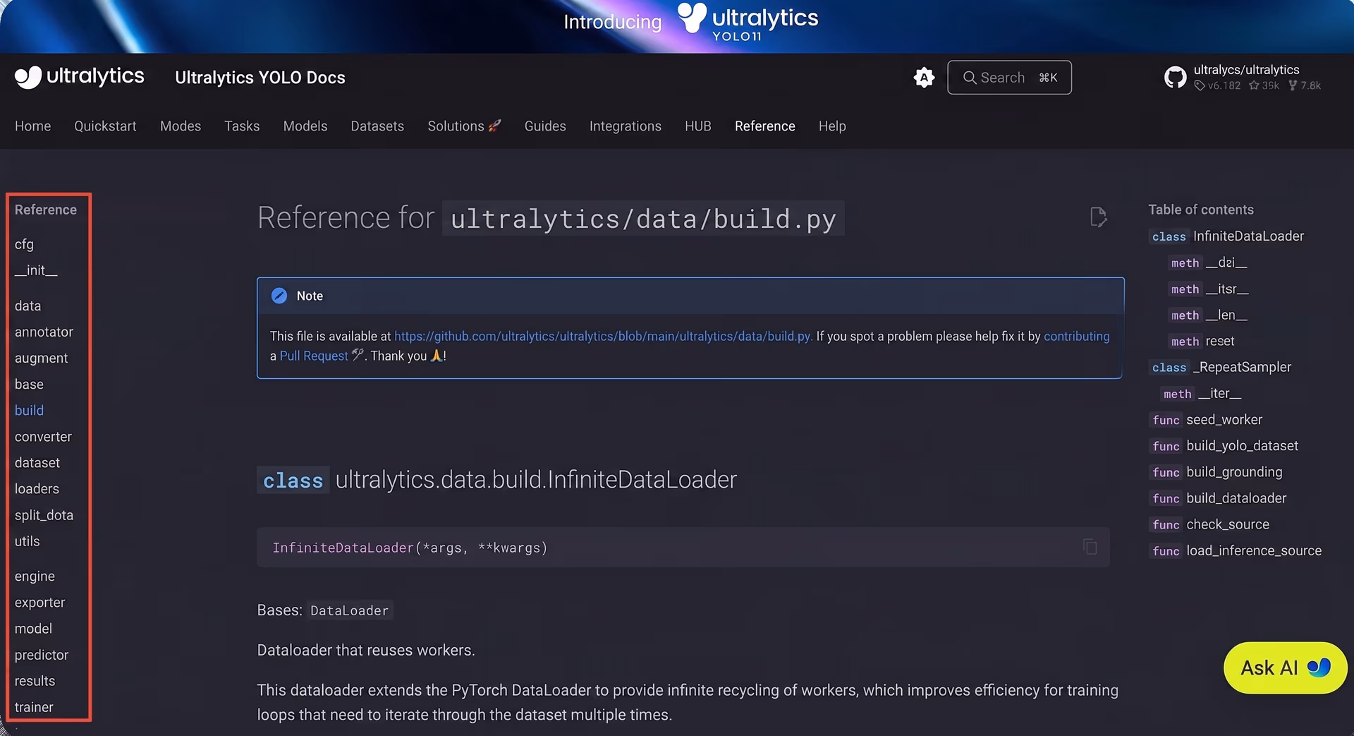 A menu of different Reference categories on the left of the page