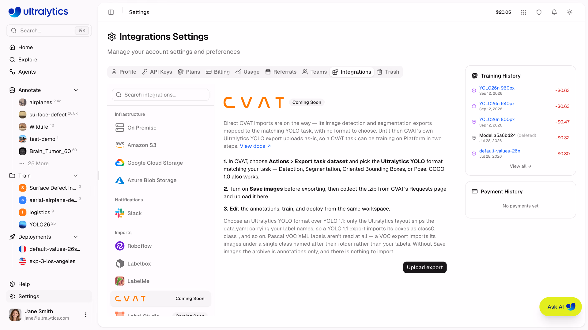 Импорт датасета CVAT в Ultralytics Platform