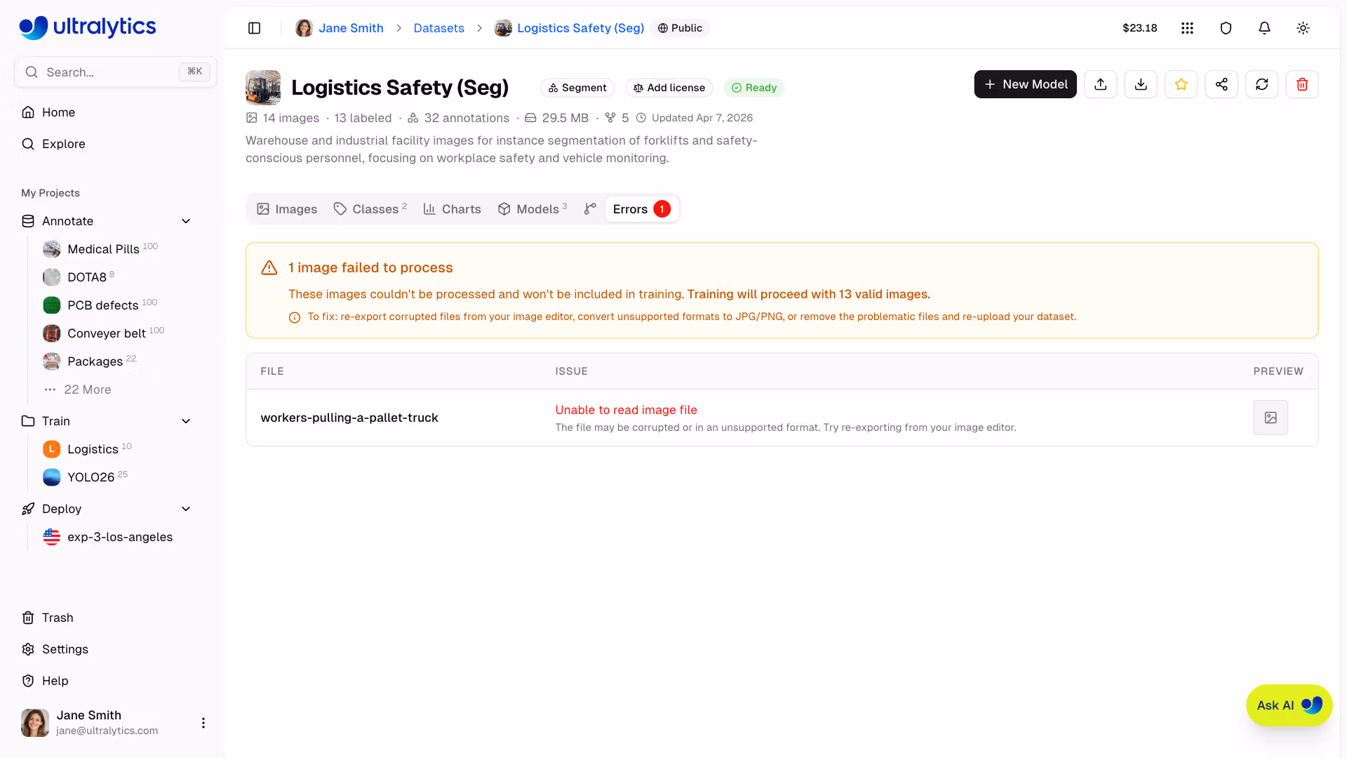 Ultralytics Platform Datasets Errors Tab Processing Failures