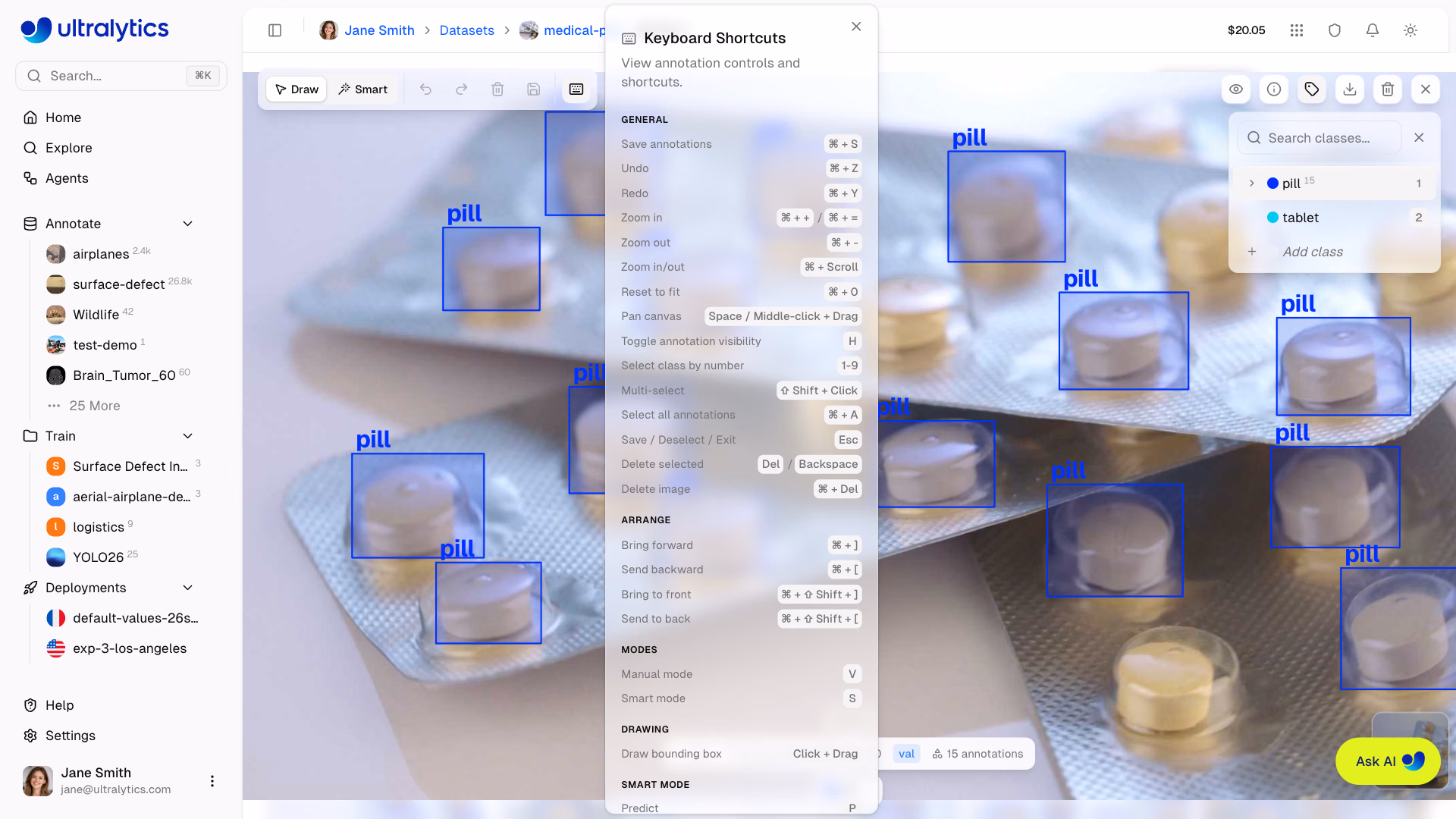 Ultralytics Platform Annotate Keyboard Shortcuts Dialog