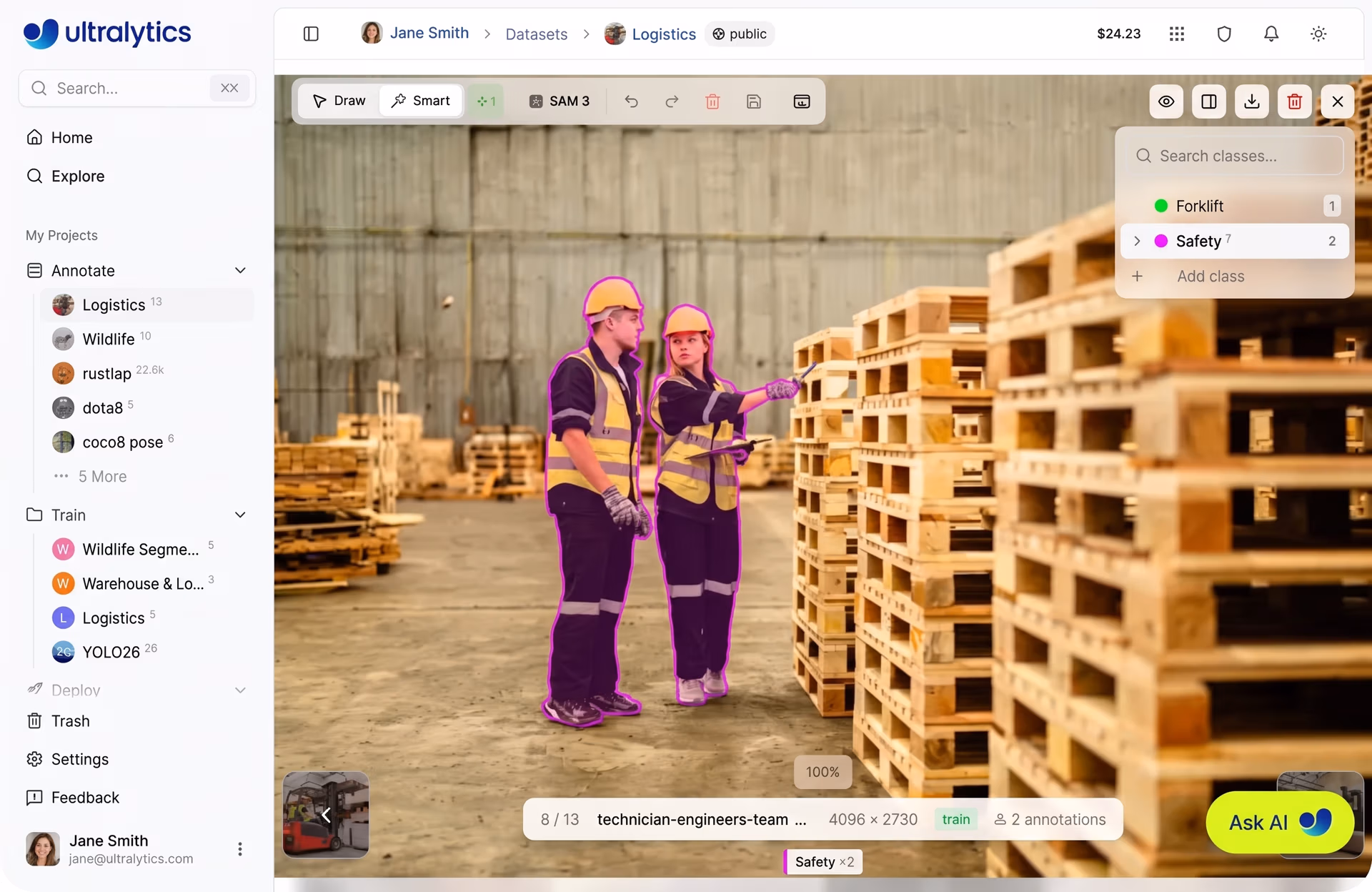 SAM-assisted polygon annotation within Ultralytics Platform
