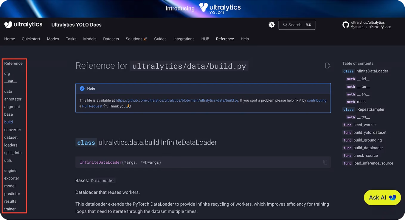 A menu of different Reference categories on the left of the page