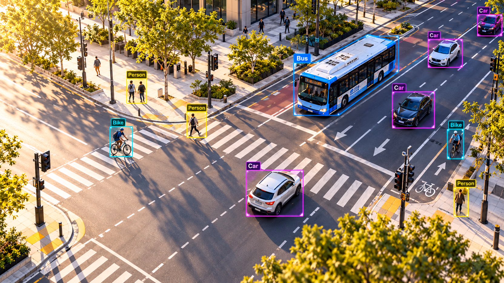 Intersection urbaine ensoleillée vue du dessus, avec des boîtes Ultralytics YOLO autour des piétons, des cyclistes, d’un bus et de voitures