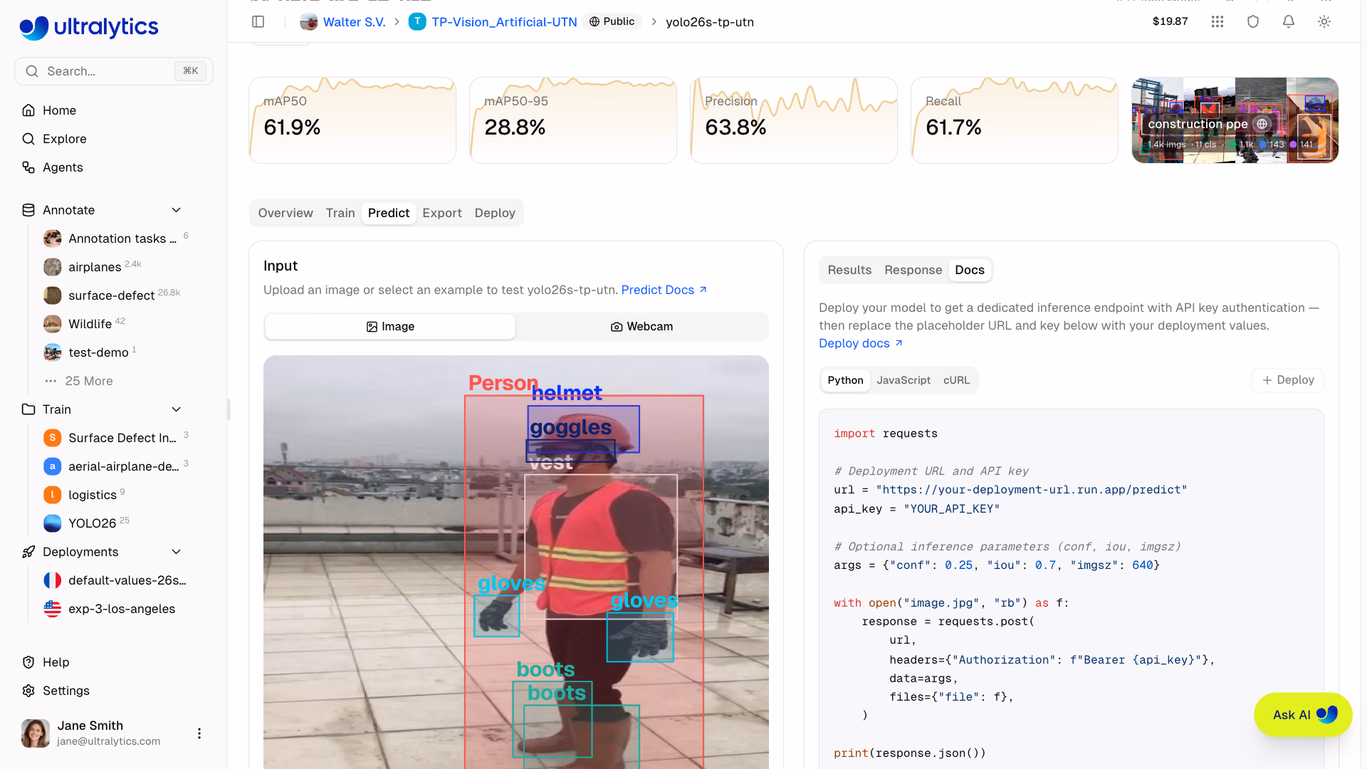 Esempi di codice della scheda Predict di Ultralytics Platform, scheda Python